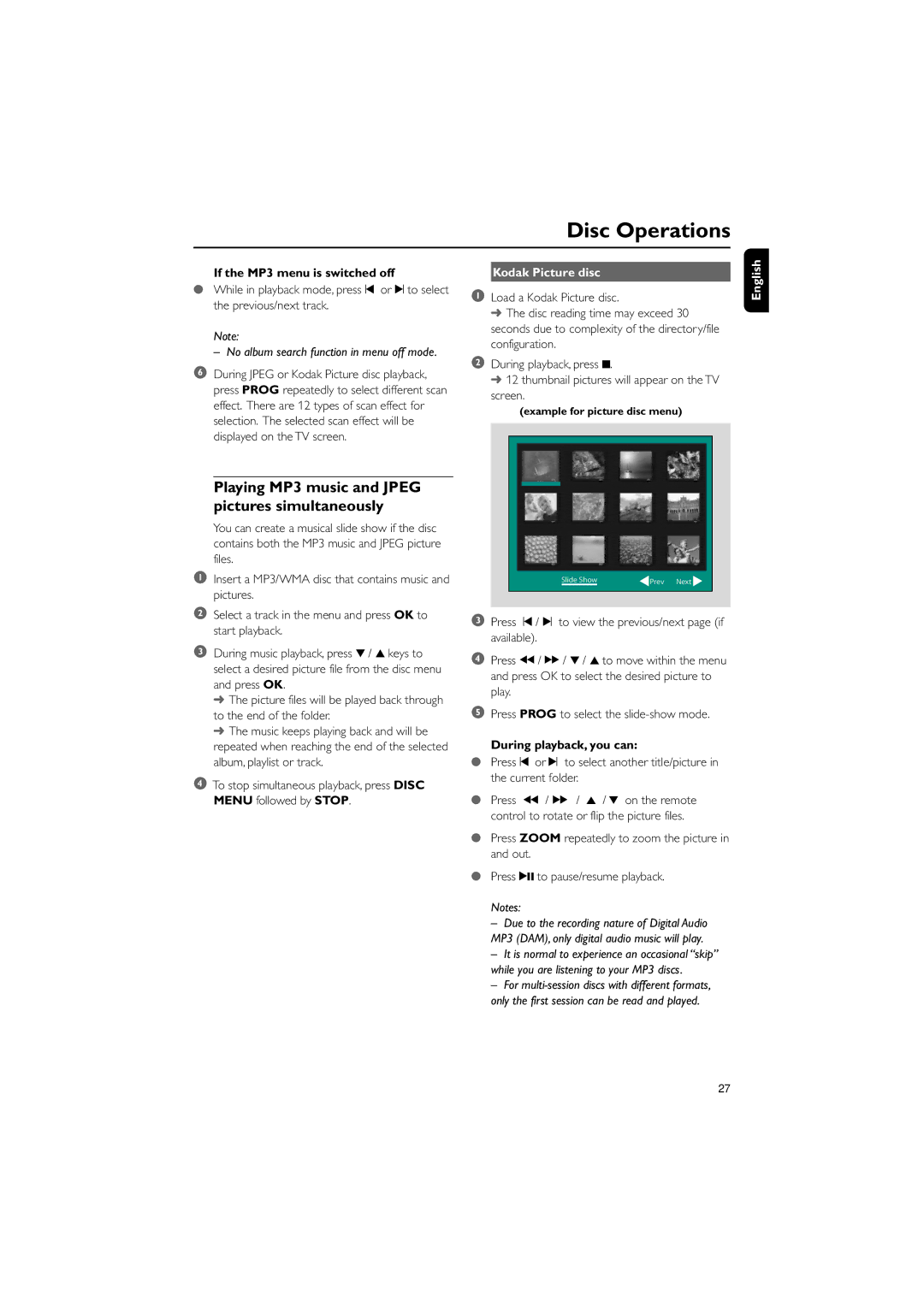 Philips MCD139B/12 user manual If the MP3 menu is switched off, Kodak Picture disc, During playback, you can 