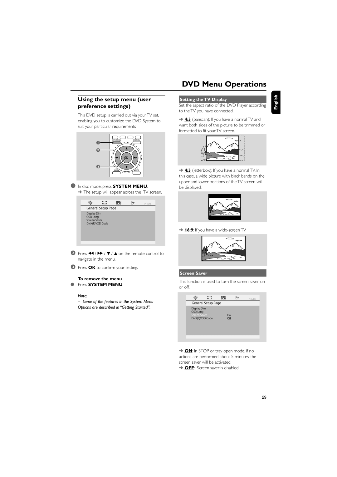 Philips MCD139B/12 user manual DVD Menu Operations, Using the setup menu user preference settings, Setting the TV Display 