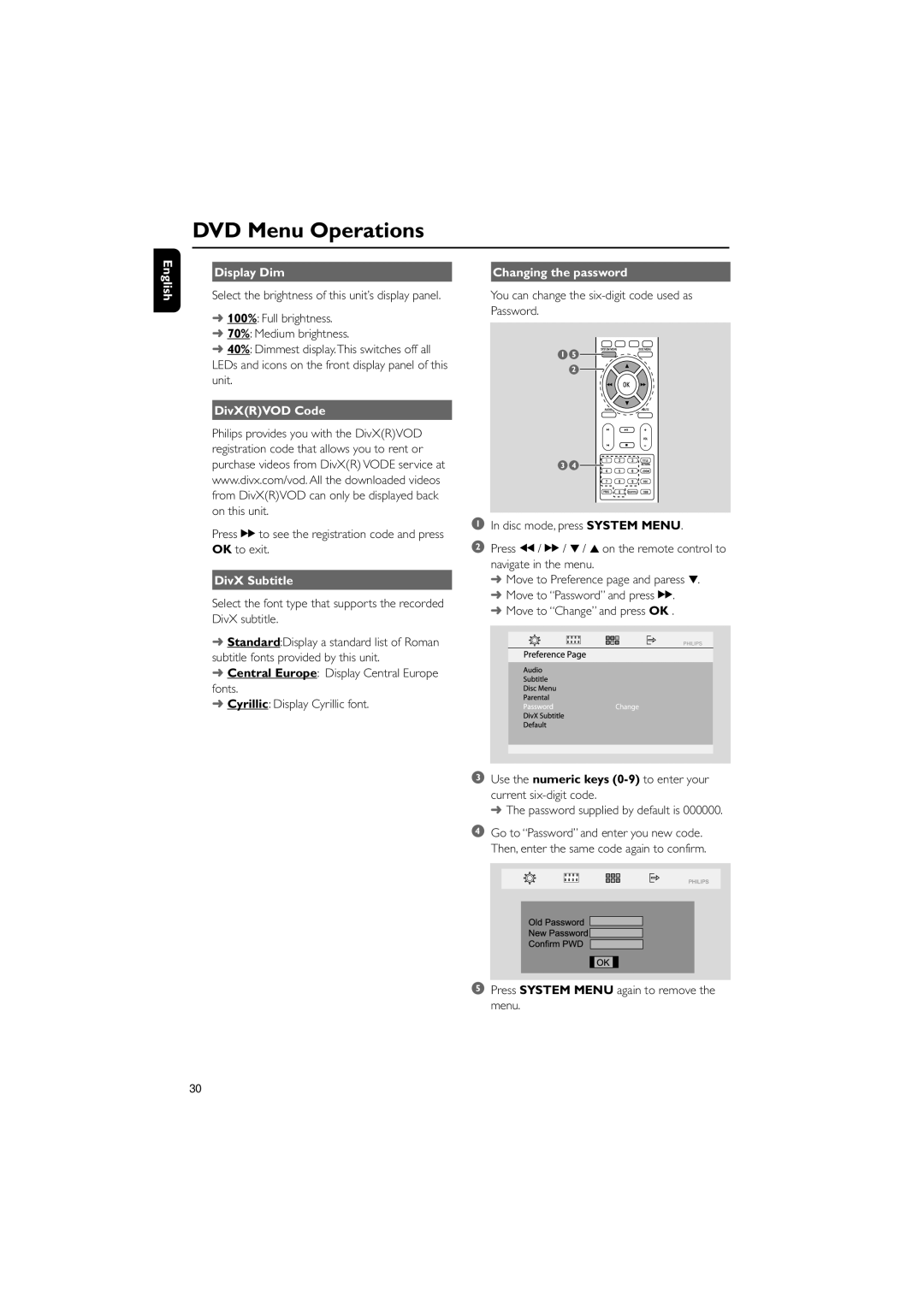 Philips MCD139B/12 user manual English Display Dim, DivXRVOD Code, DivX Subtitle, Changing the password 