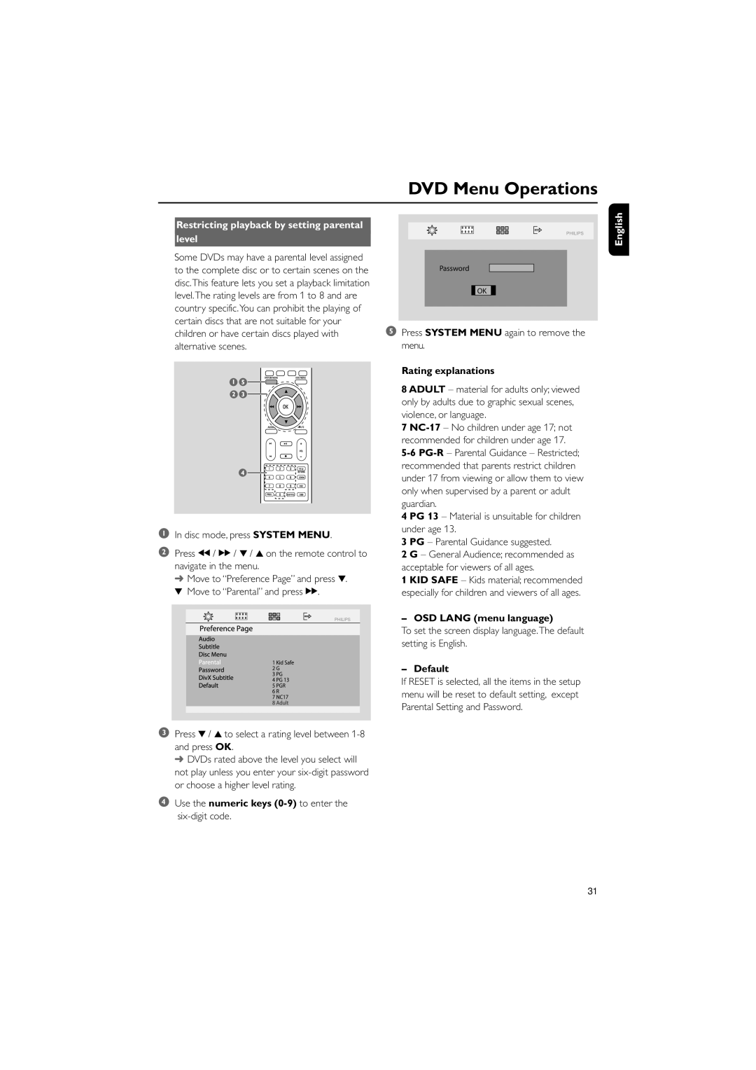 Philips MCD139B/12 user manual Rating explanations, OSD Lang menu language, Default 