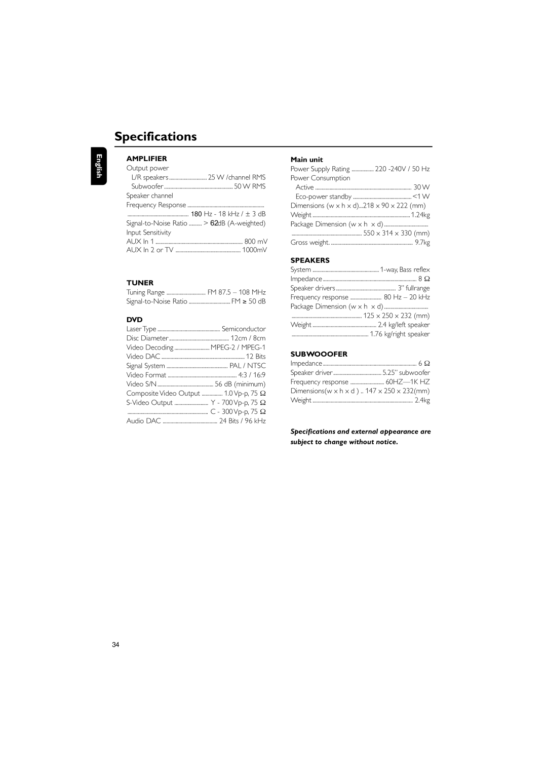 Philips MCD139B/12 user manual Specifications, Main unit 