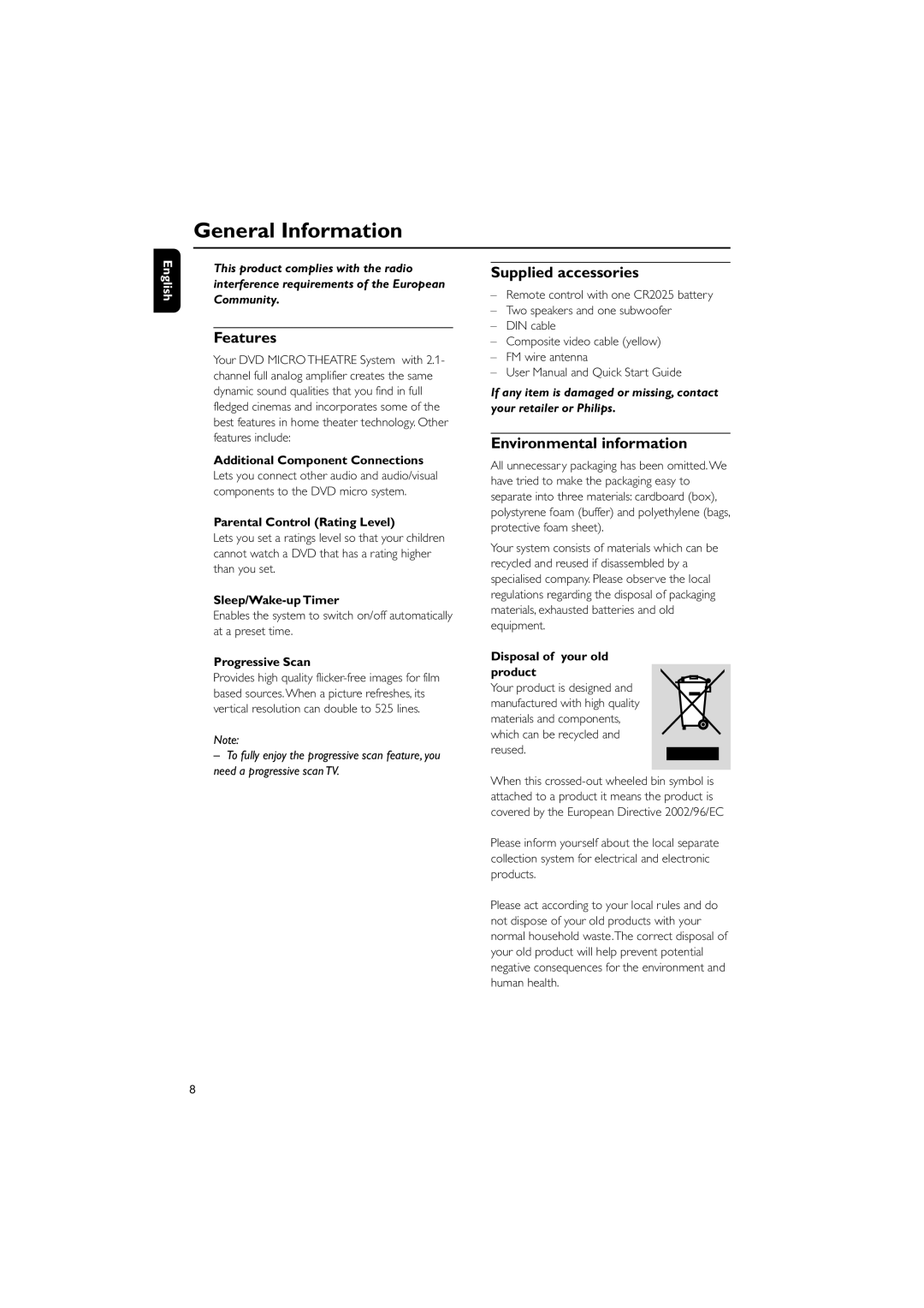 Philips MCD139B/12 user manual General Information, Features, Supplied accessories, Environmental information 