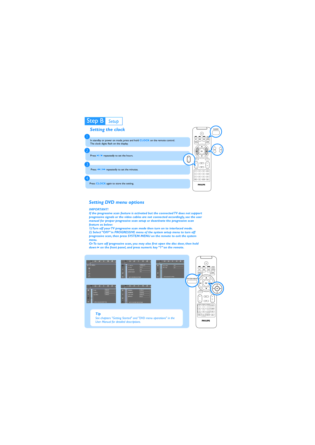 Philips MCD139B/37 quick start Setting the clock, Setting DVD menu options 