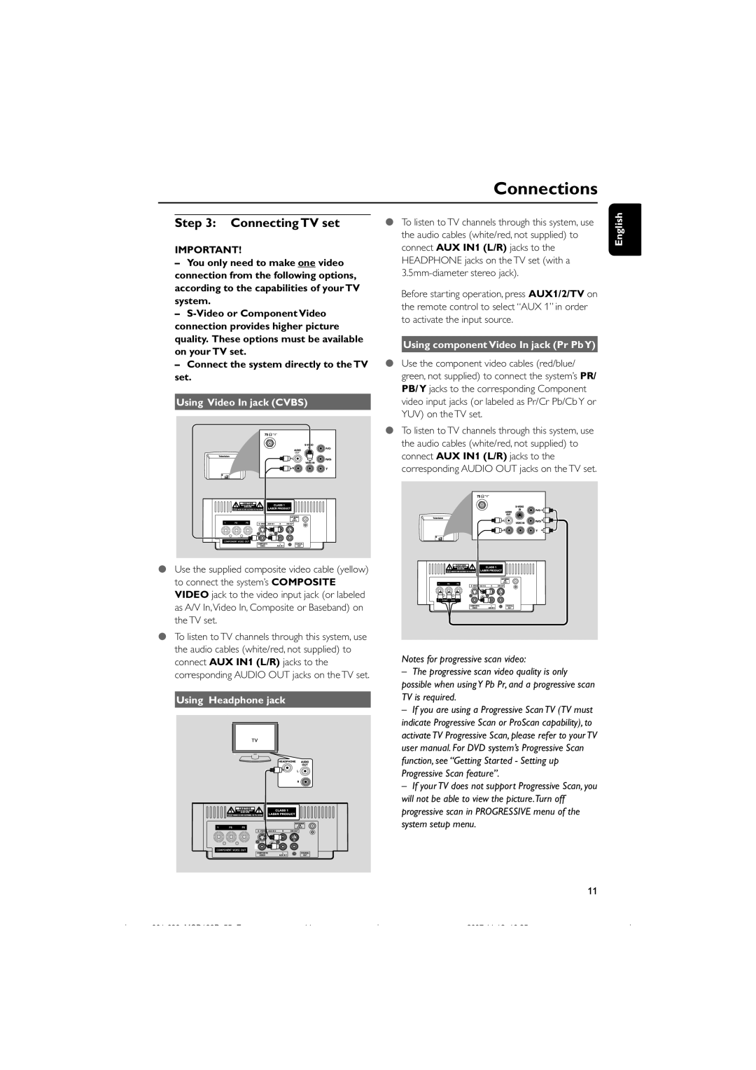 Philips MCD139B/55 Connecting TV set, Using Video In jack Cvbs, Using Headphone jack, Using component Video In jack Pr PbY 