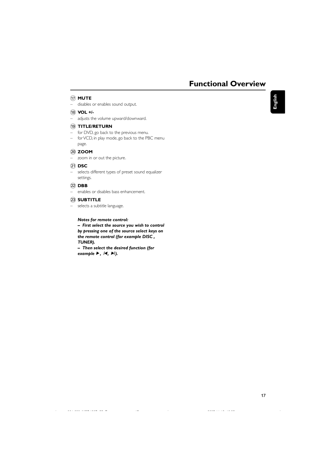 Philips MCD139B/55 Disables or enables sound output, Vol +, Zoom in or out the picture, Selects a subtitle language 