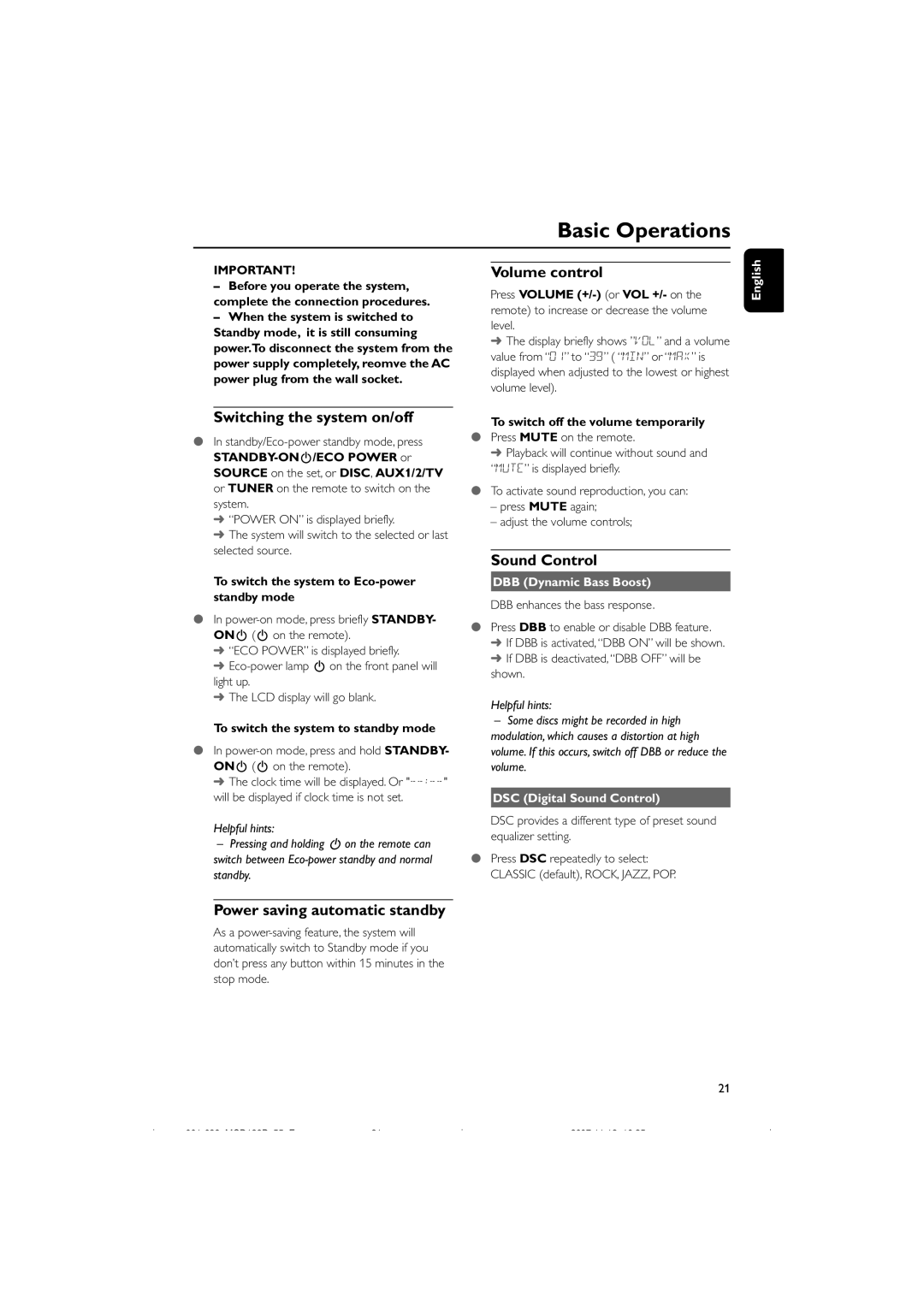 Philips MCD139B/55 user manual Basic Operations, Switching the system on/off, Volume control, Sound Control 