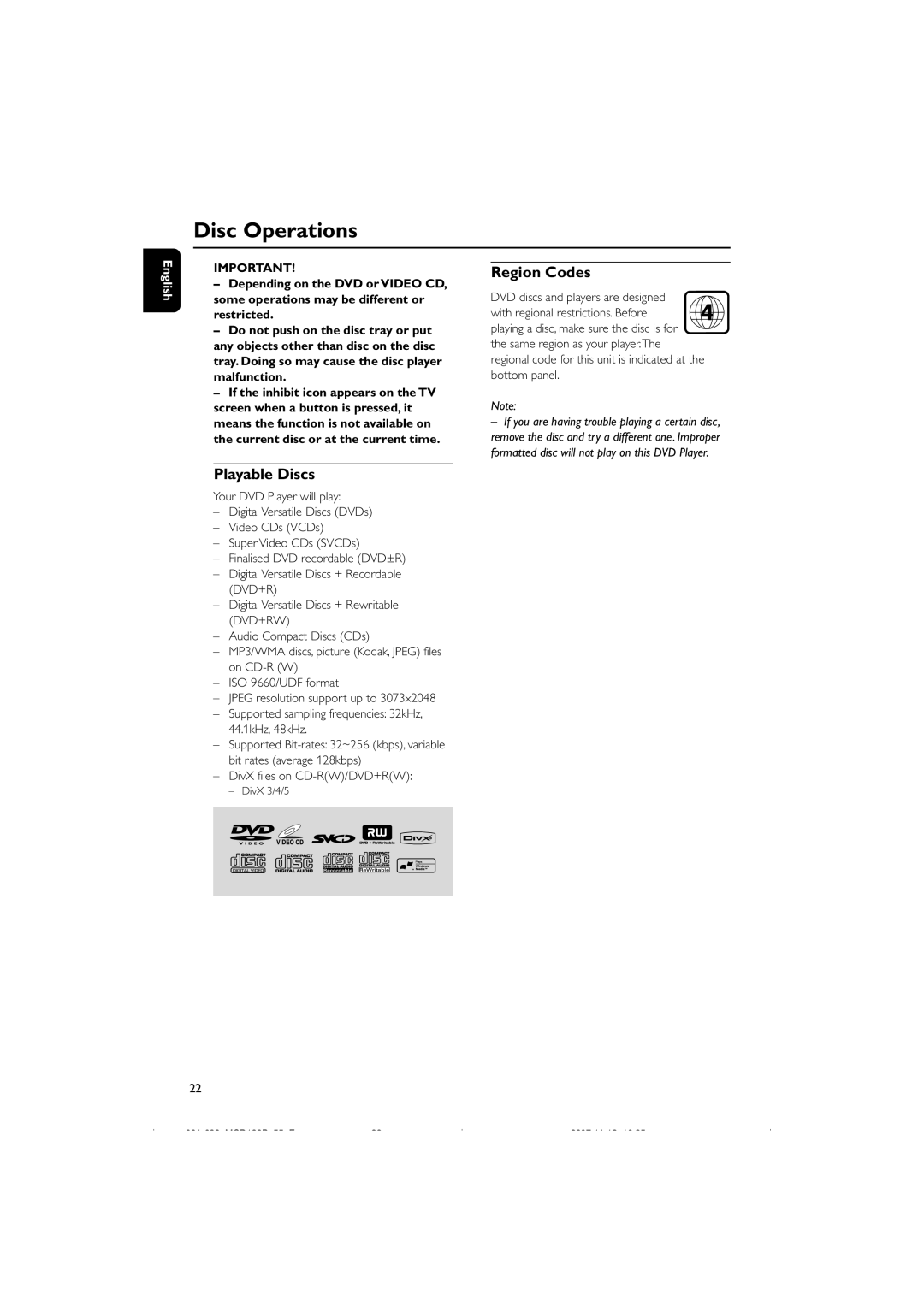 Philips MCD139B/55 user manual Disc Operations, Playable Discs, Region Codes, With regional restrictions. Before 