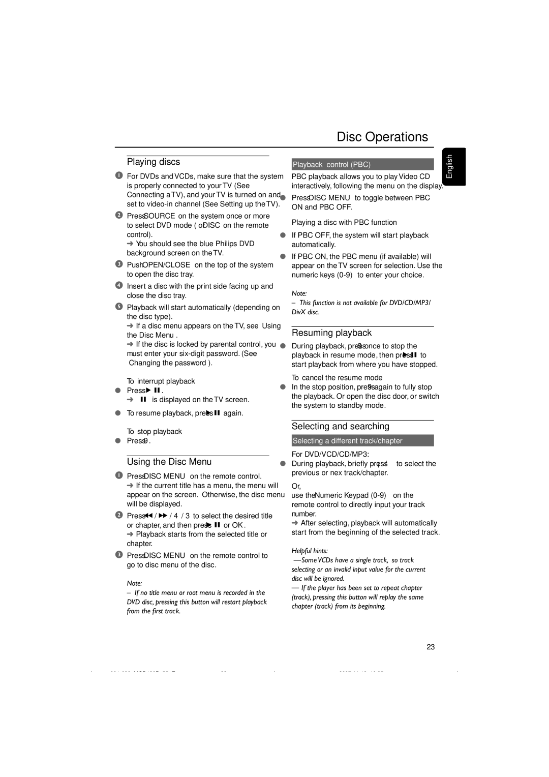 Philips MCD139B/55 user manual Playing discs, Using the Disc Menu, Resuming playback, Selecting and searching 