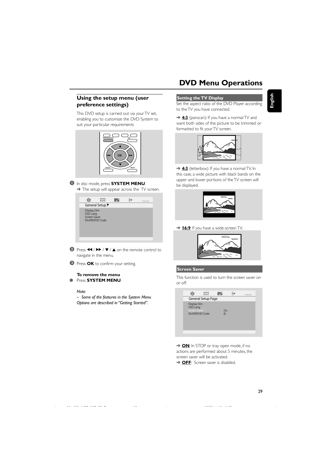 Philips MCD139B/55 user manual DVD Menu Operations, Using the setup menu user preference settings, Setting the TV Display 