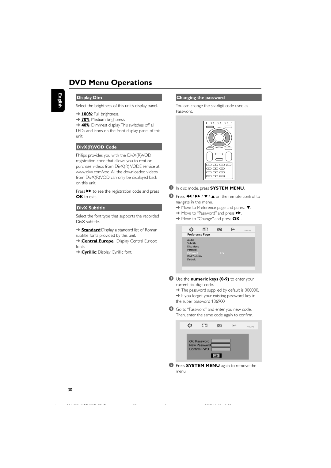 Philips MCD139B/55 user manual English Display Dim, DivXRVOD Code, DivX Subtitle, Changing the password 