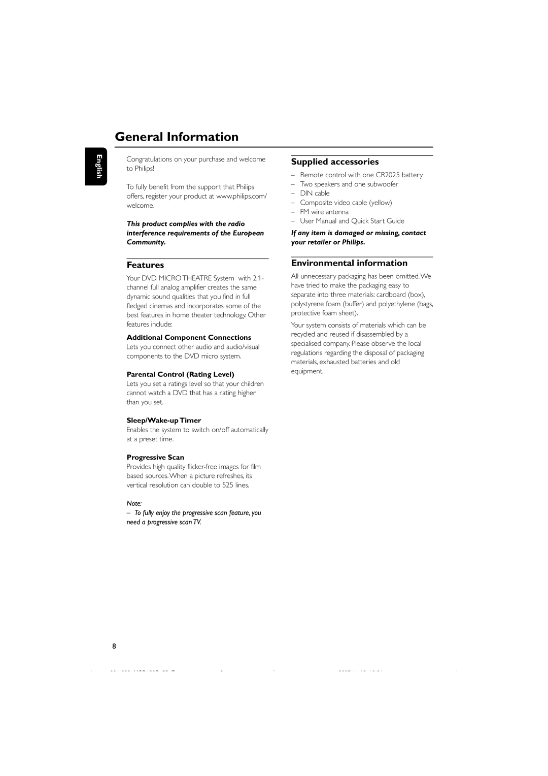 Philips MCD139B/55 user manual General Information, Features, Supplied accessories, Environmental information 