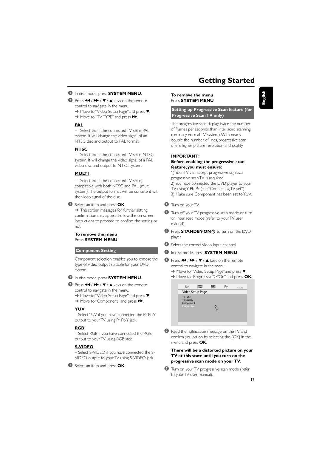 Philips MCD139B/58 user manual To remove the menu Press System Menu, Component Setting 