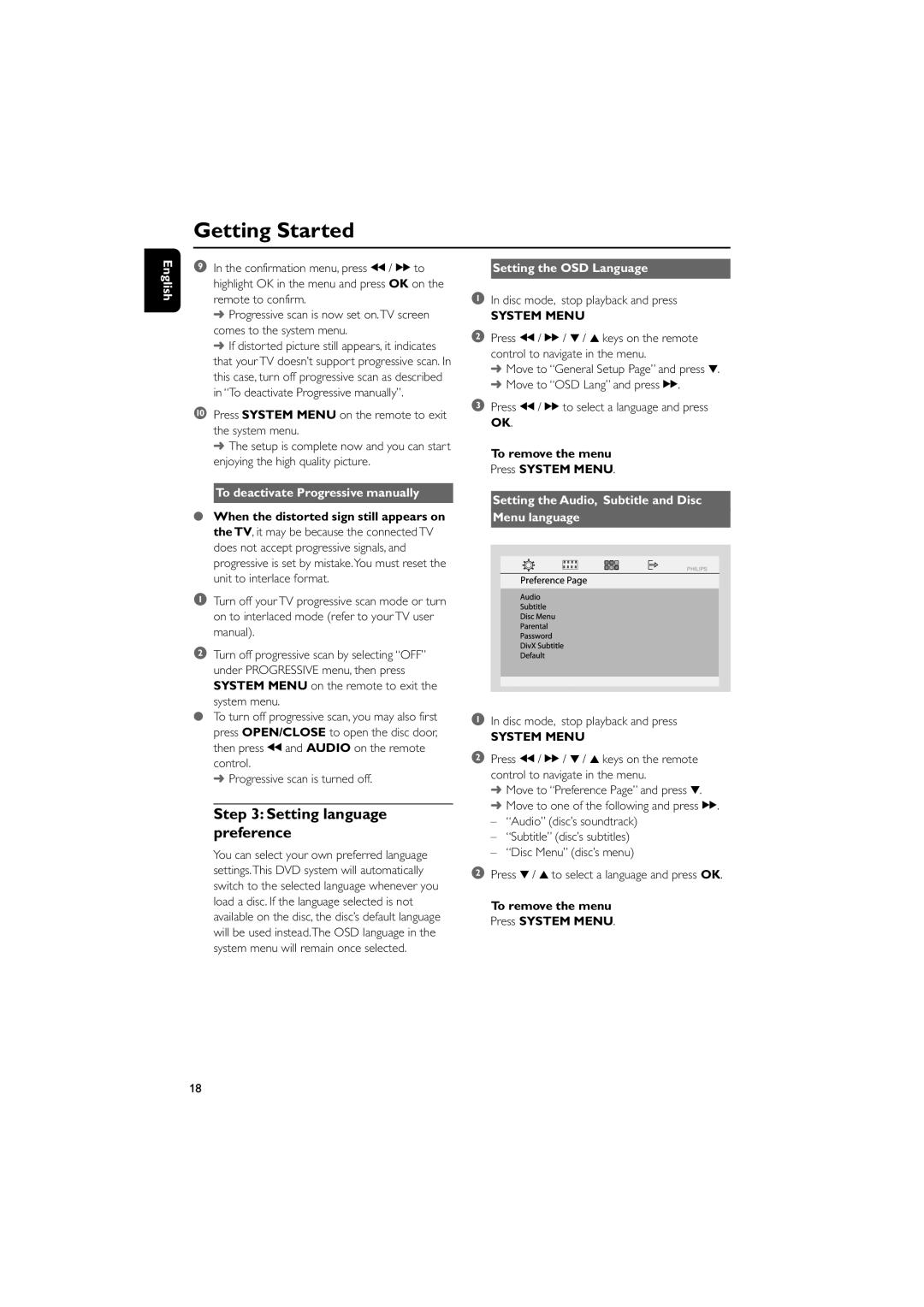 Philips MCD139B/58 user manual Setting language preference, To deactivate Progressive manually, Setting the OSD Language 