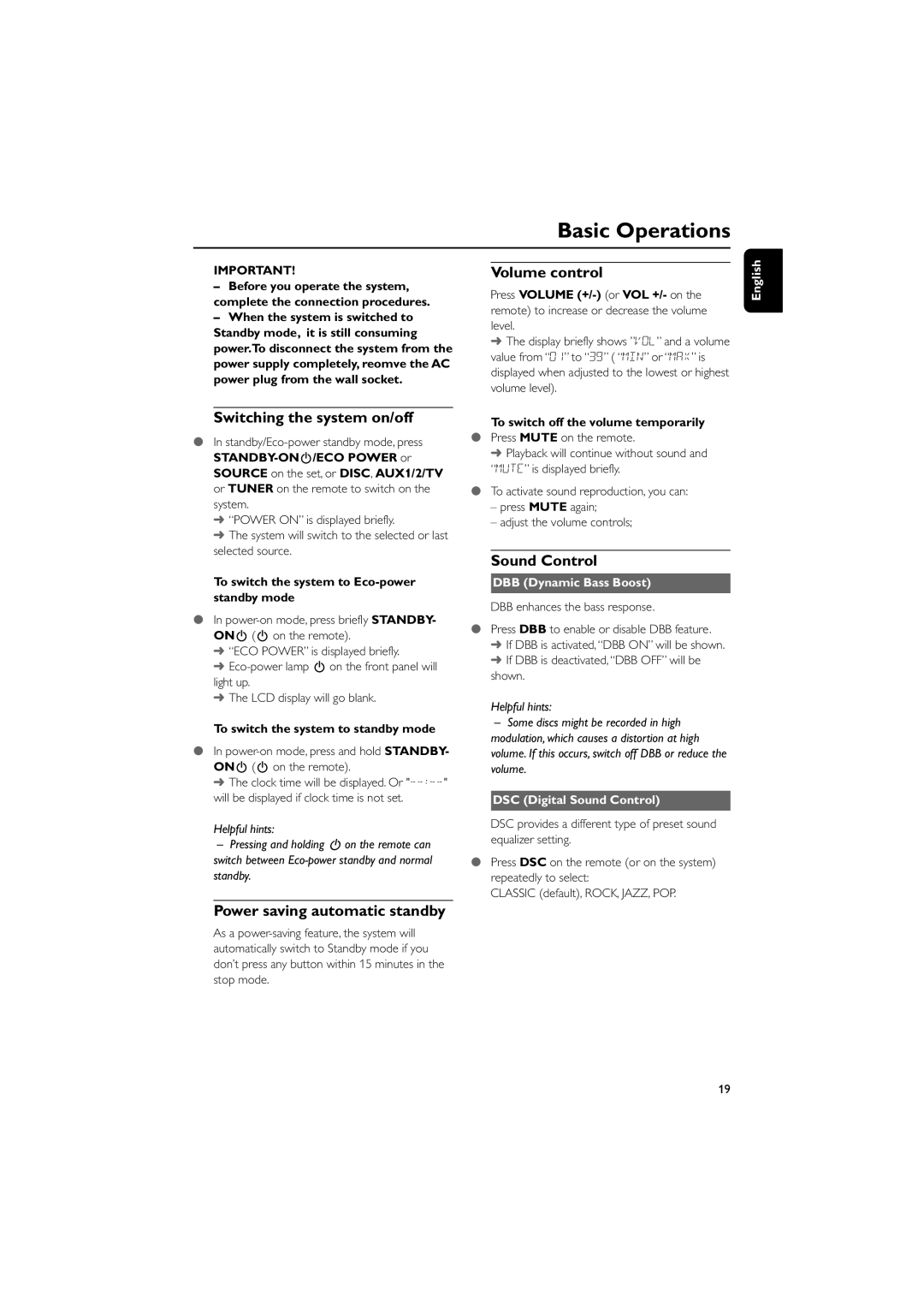 Philips MCD139B/58 user manual Basic Operations, Switching the system on/off, Volume control, Sound Control 