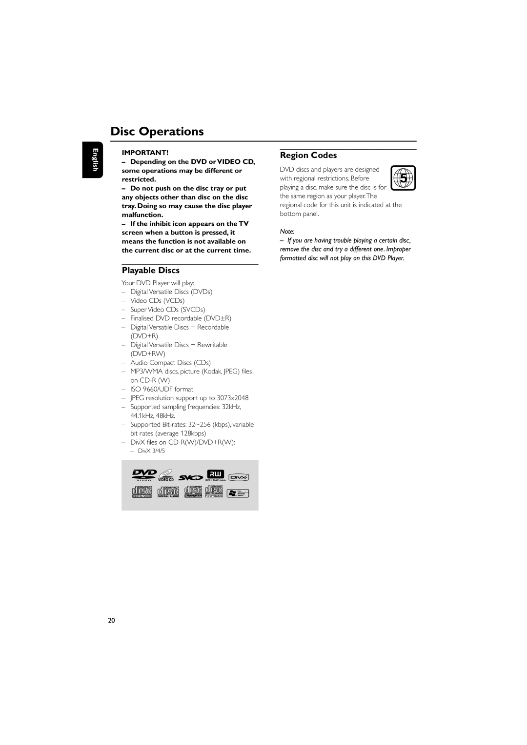 Philips MCD139B/58 user manual Disc Operations, Region Codes, Playable Discs 