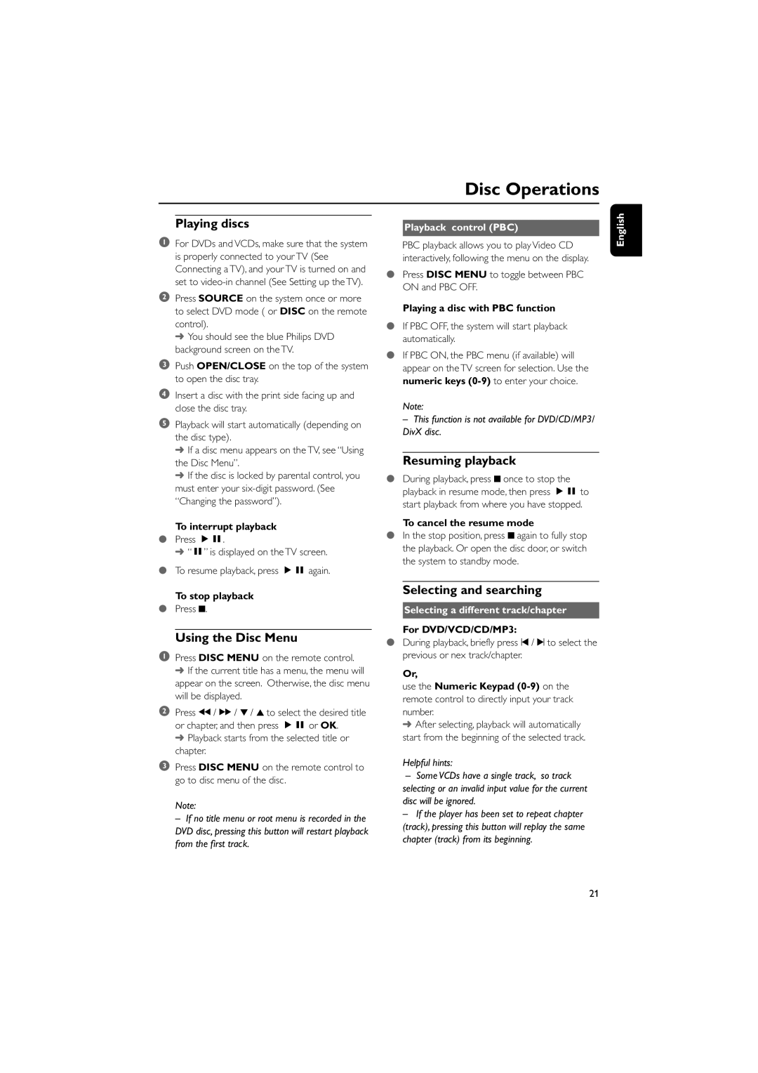 Philips MCD139B/58 user manual Using the Disc Menu, Resuming playback, Selecting and searching, Playback control PBC 