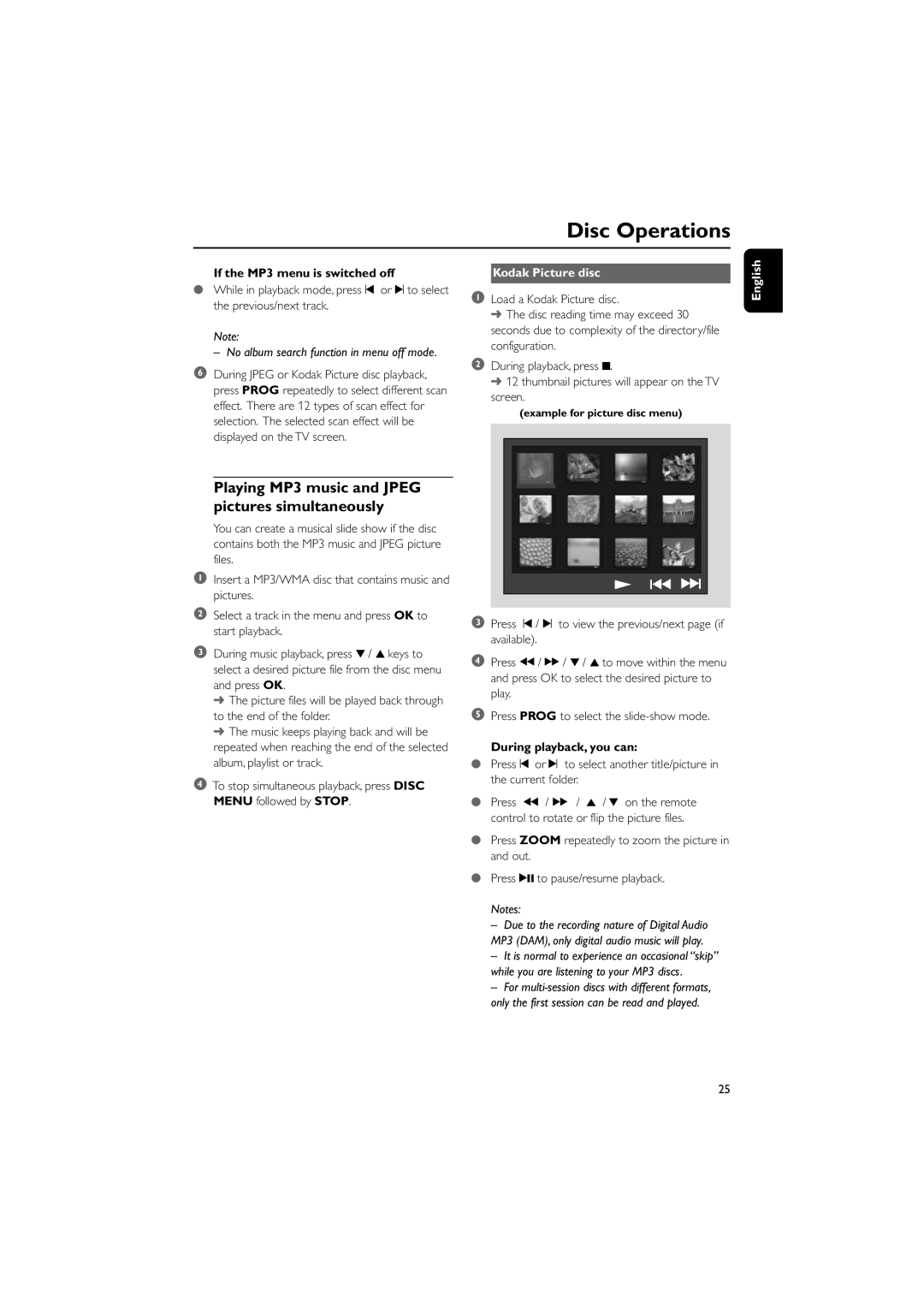 Philips MCD139B/58 user manual If the MP3 menu is switched off, Kodak Picture disc, During playback, you can 