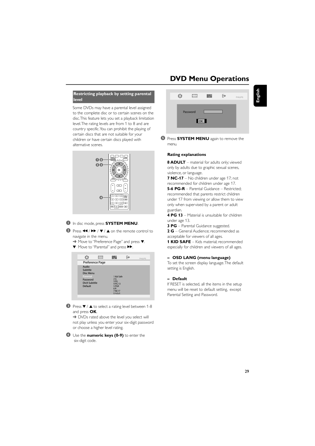 Philips MCD139B/58 user manual Rating explanations, OSD Lang menu language, Default 