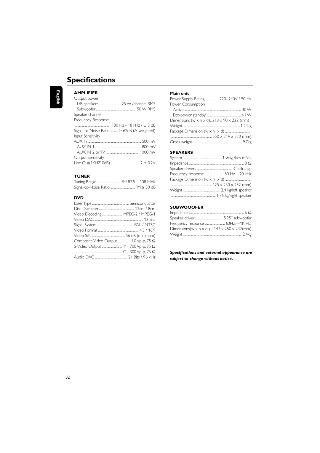 Philips MCD139B/58 user manual Specifications, Main unit 