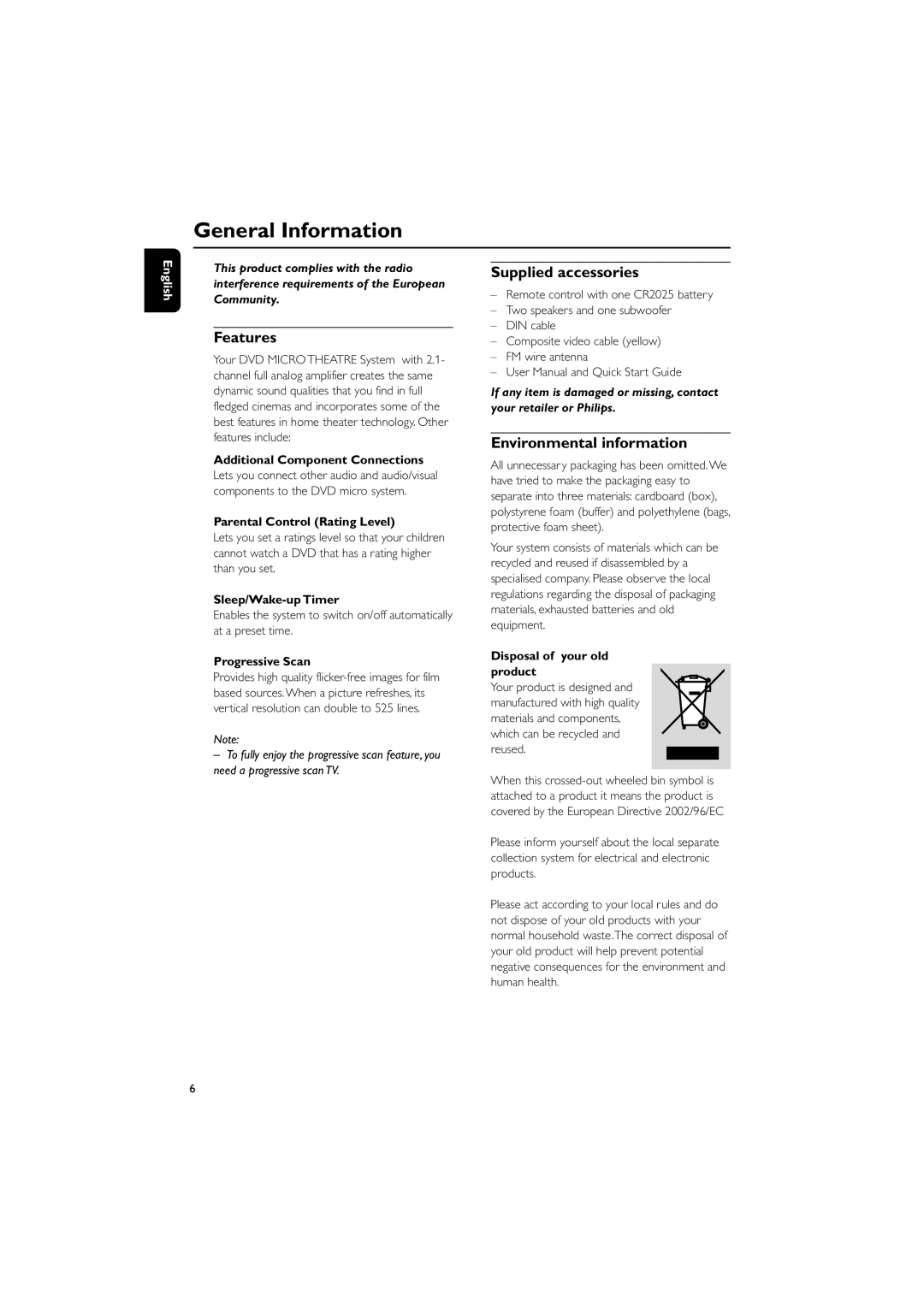 Philips MCD139B/58 user manual General Information, Features, Supplied accessories, Environmental information 