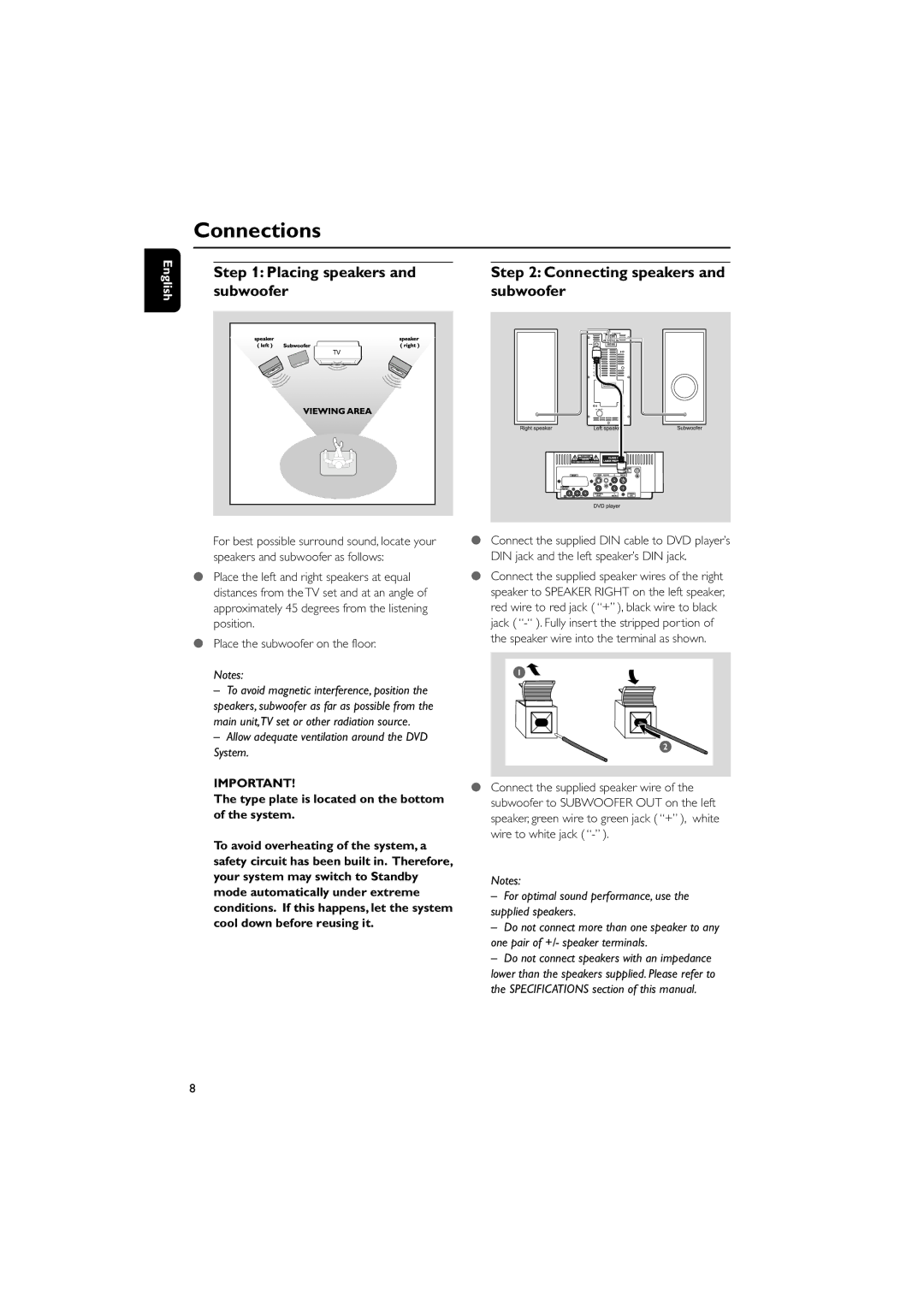 Philips MCD139B/58 user manual Connections, Placing speakers, Subwoofer, Type plate is located on the bottom of the system 