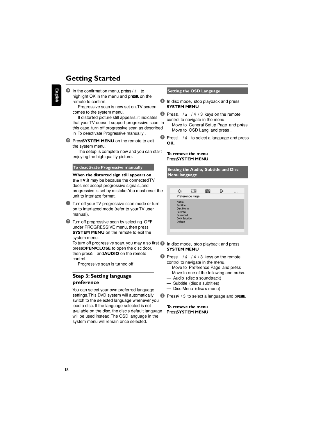 Philips MCD139BDVD user manual Setting language preference, To deactivate Progressive manually, Setting the OSD Language 