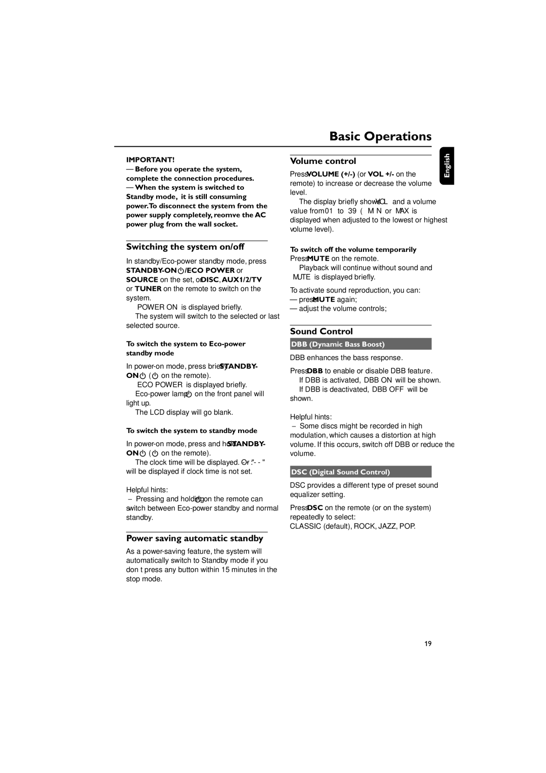 Philips MCD139BDVD user manual Basic Operations, Switching the system on/off, Volume control, Sound Control 