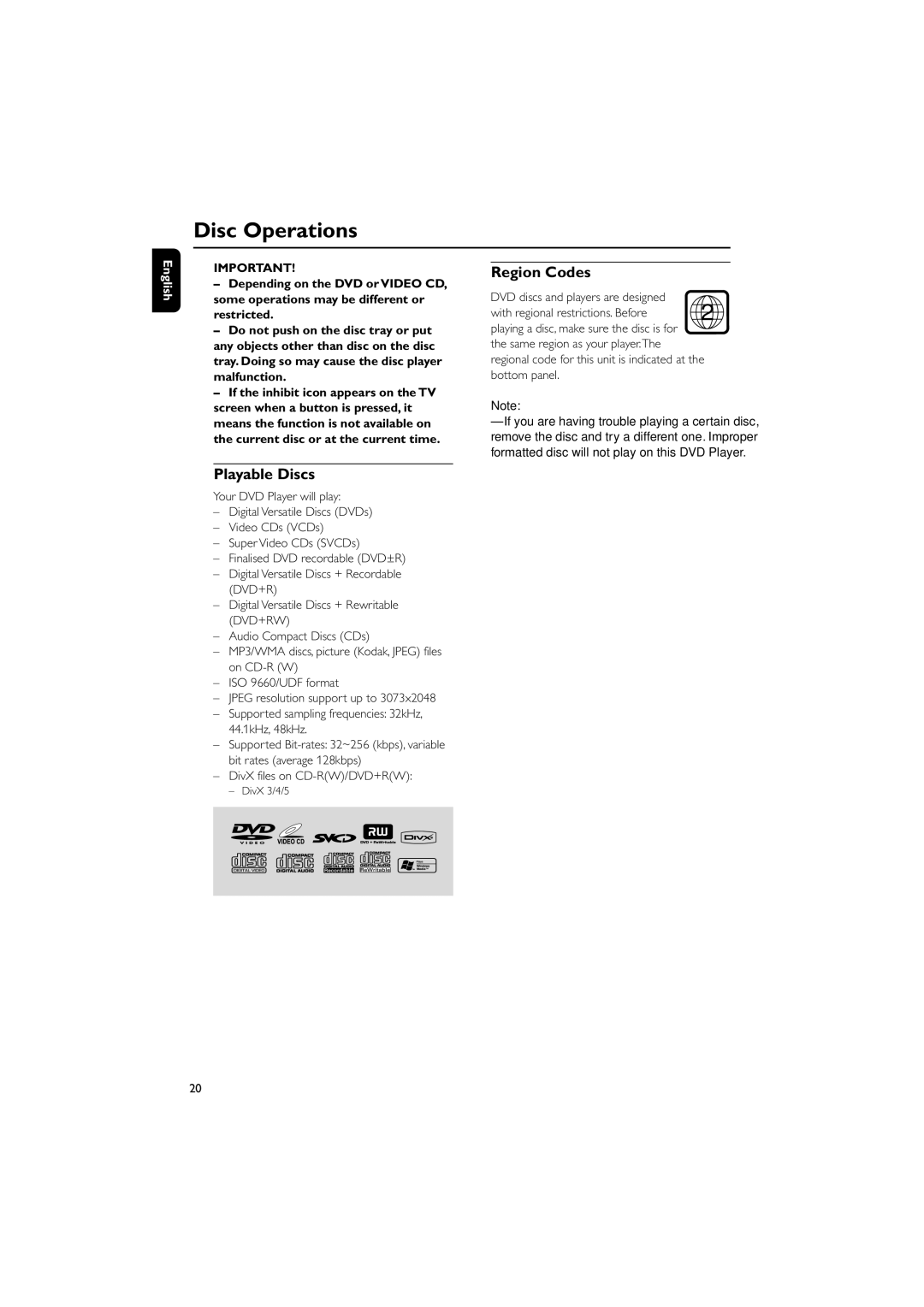 Philips MCD139BDVD user manual Disc Operations, Region Codes, Playable Discs 