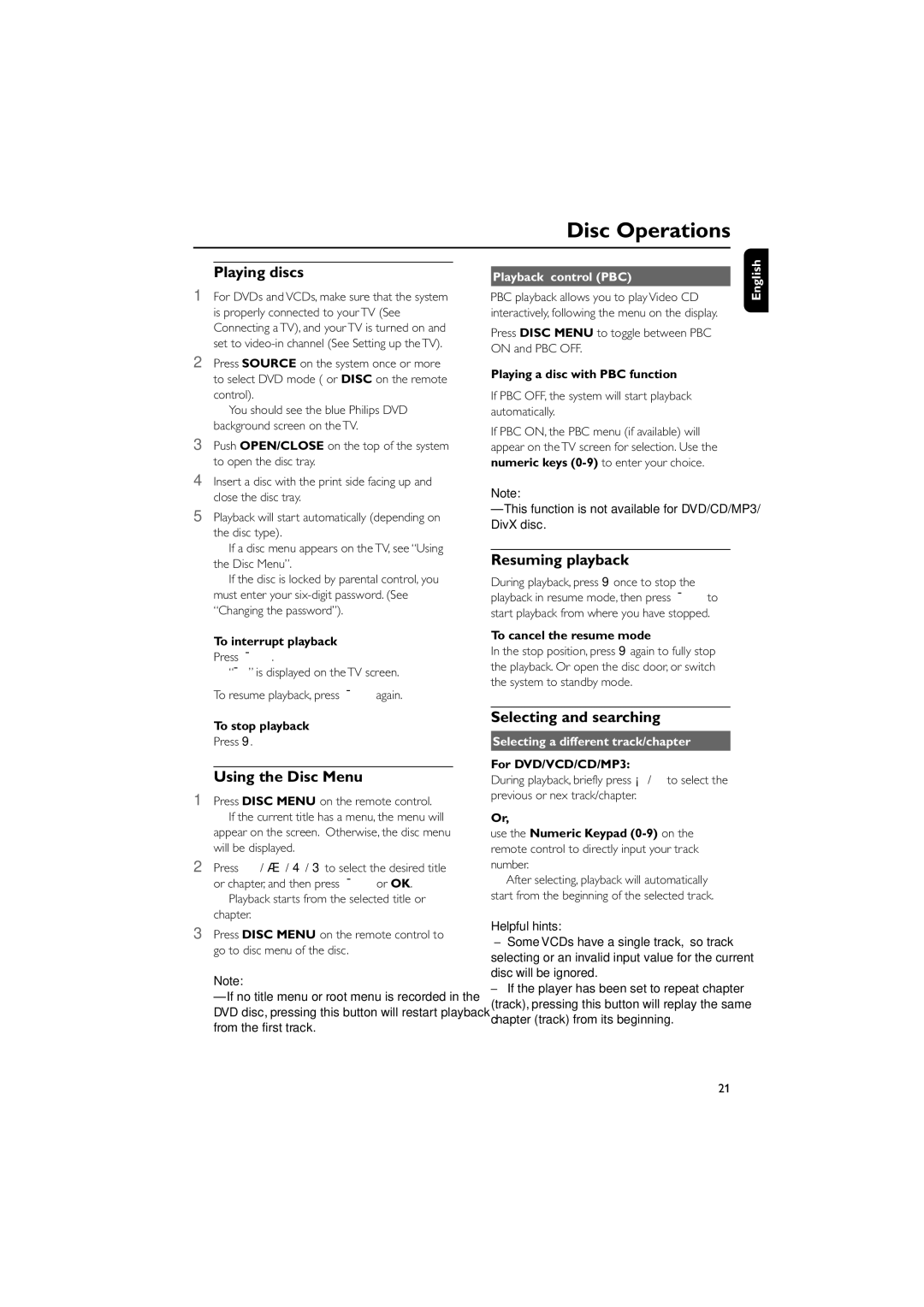 Philips MCD139BDVD user manual Playing discs, Using the Disc Menu, Resuming playback, Selecting and searching 