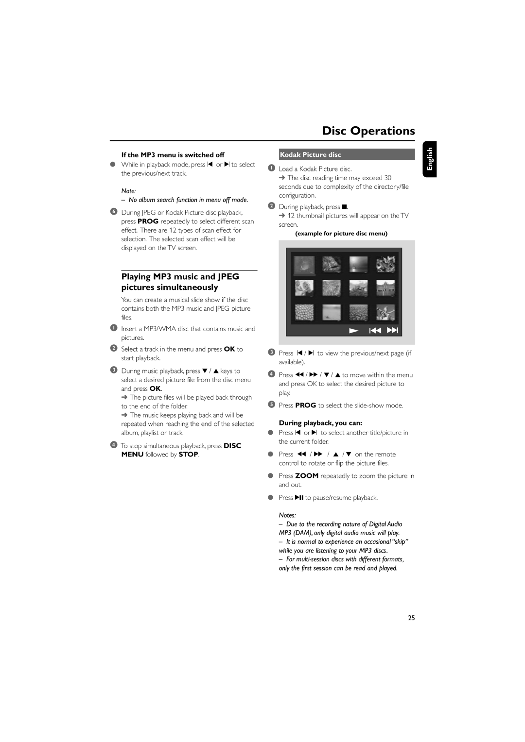 Philips MCD139BDVD user manual If the MP3 menu is switched off, Kodak Picture disc, During playback, you can 