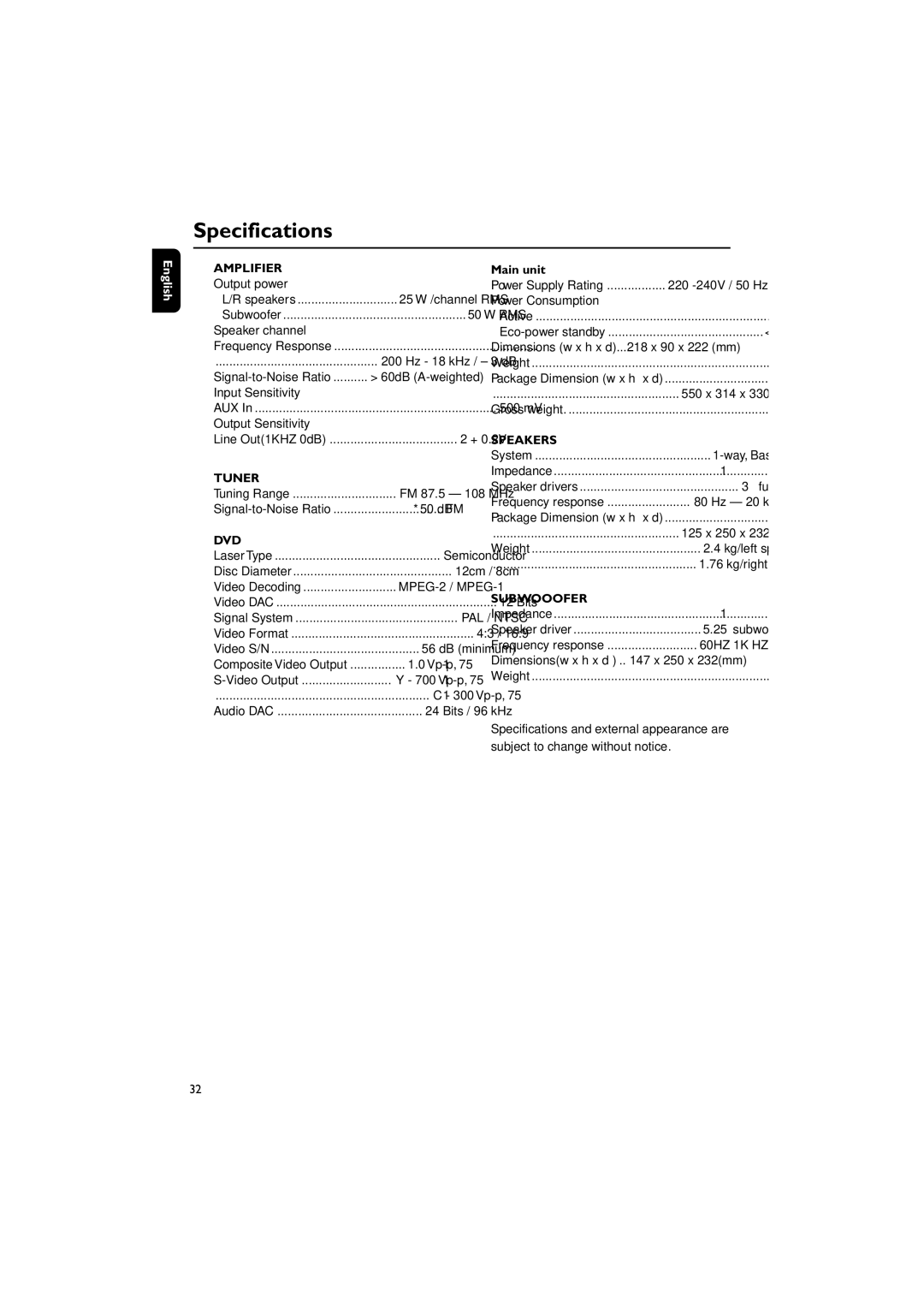 Philips MCD139BDVD user manual Specifications, Main unit 