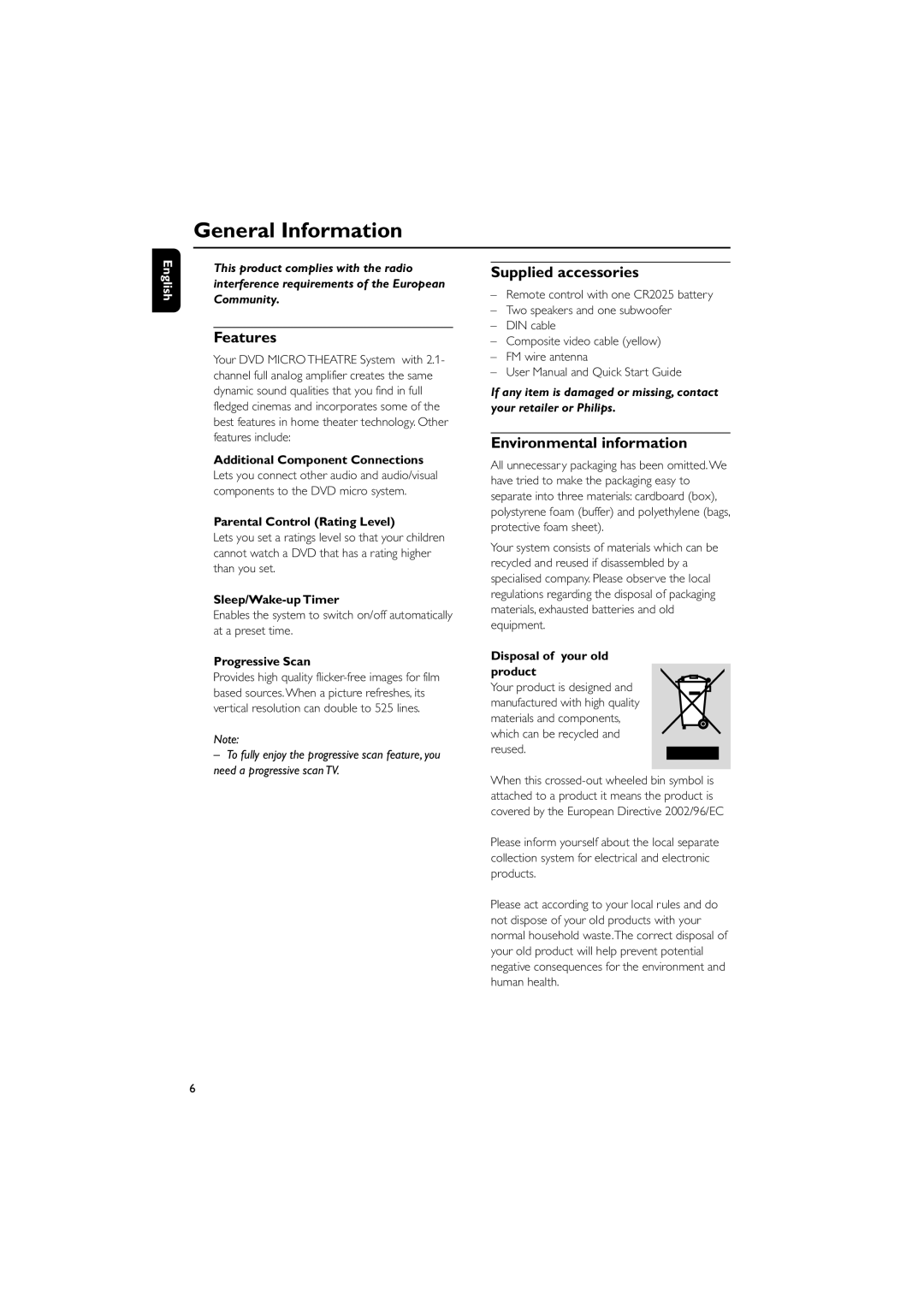 Philips MCD139BDVD user manual General Information, Features, Supplied accessories, Environmental information 