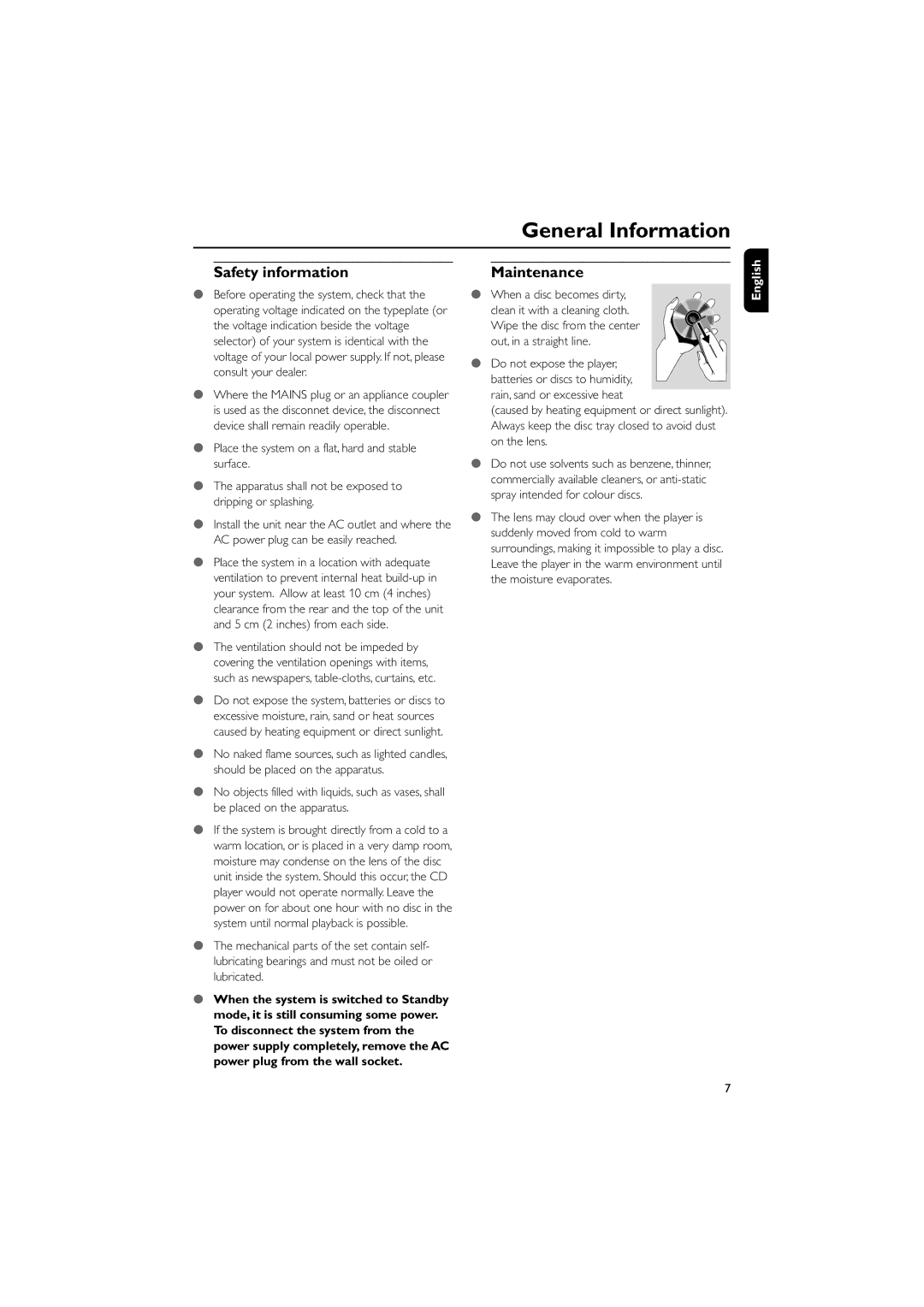 Philips MCD139BDVD user manual Safety information, Maintenance 