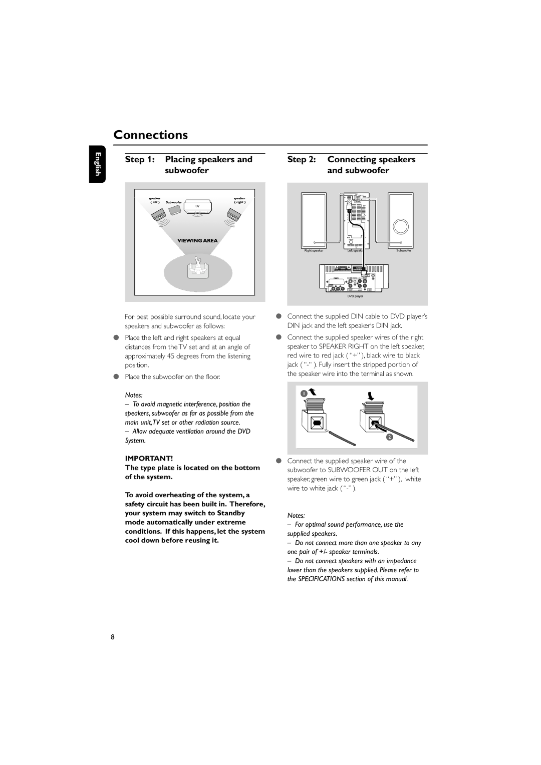 Philips MCD139BDVD user manual Connections, Placing speakers Connecting speakers Subwoofer 