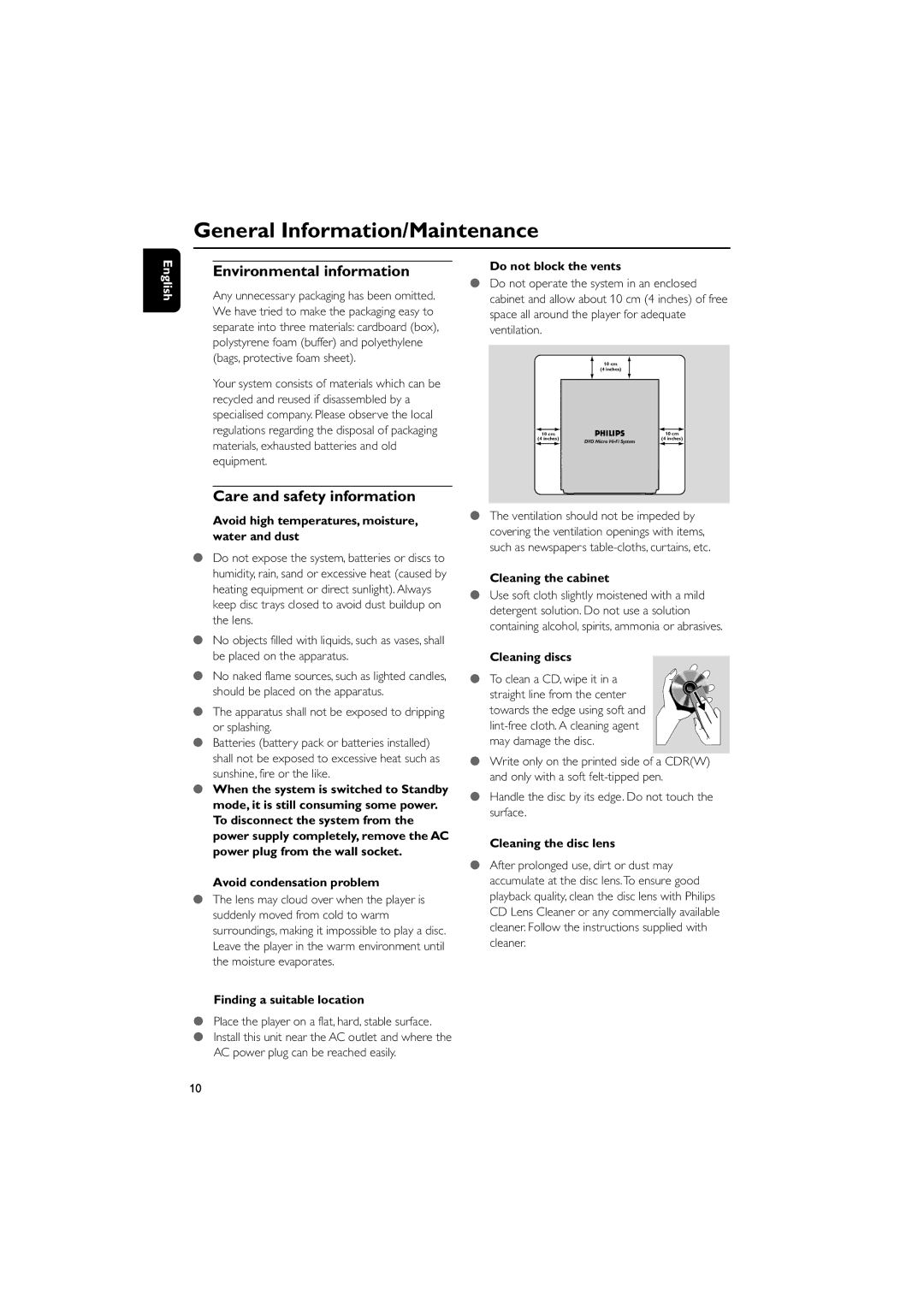 Philips MCD149/05 user manual General Information/Maintenance, Environmental information, Care and safety information 