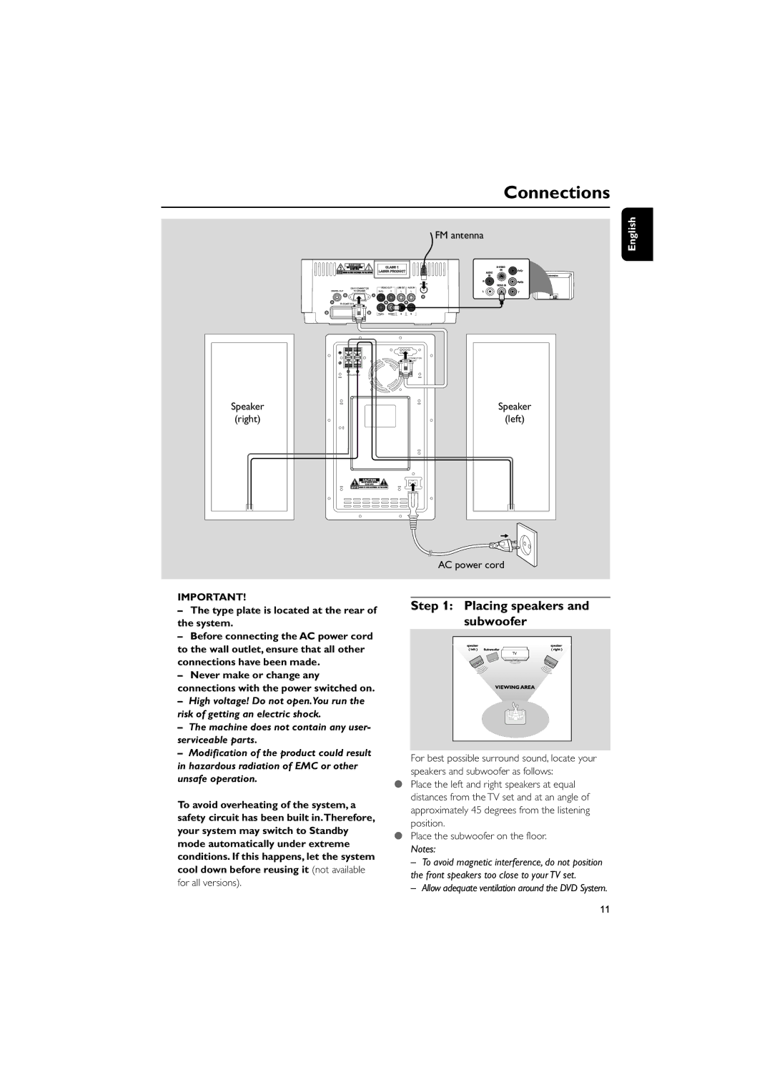 Philips MCD149/05 user manual Connections, Placing speakers and subwoofer, Type plate is located at the rear of the system 