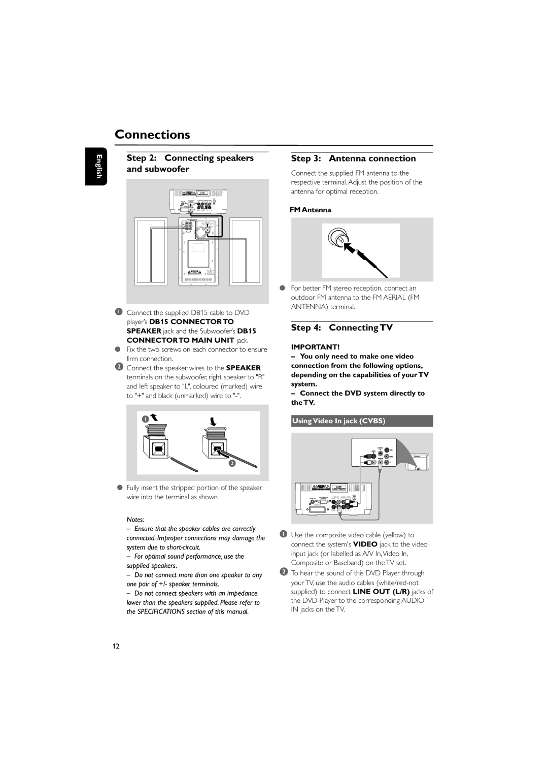 Philips MCD149/05 Connecting speakers and subwoofer, Antenna connection, Connecting TV, Using Video In jack Cvbs 