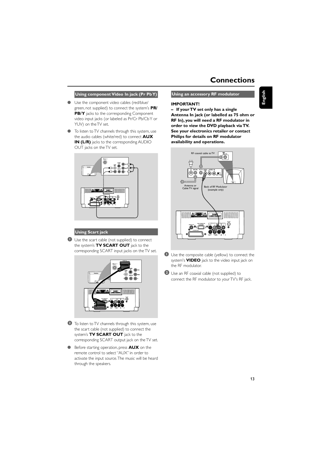 Philips MCD149/05 Using component Video In jack Pr PbY, Using an accessory RF modulator, English Using Scart jack 