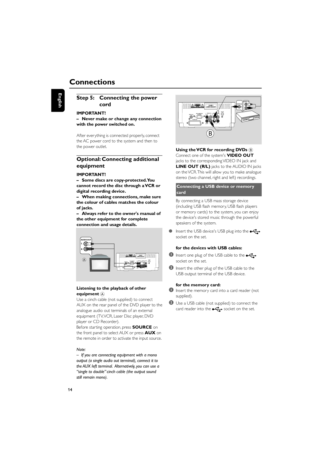 Philips MCD149/05 user manual Connecting the power cord, Optional Connecting additional equipment 