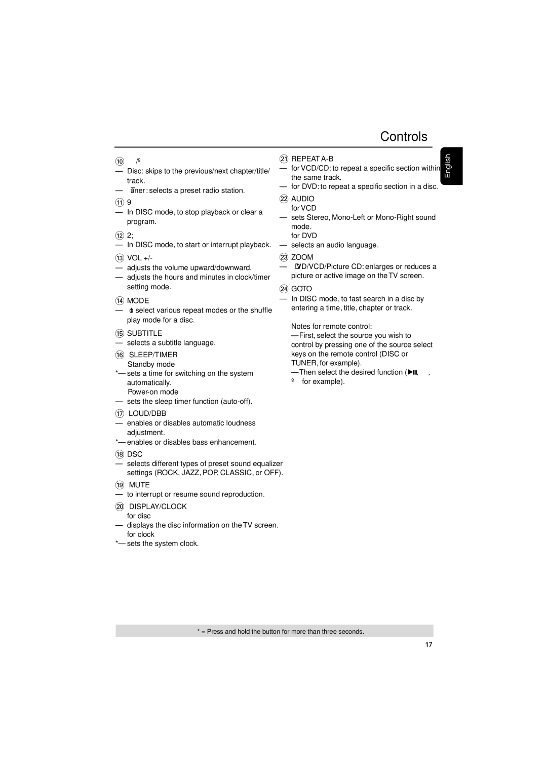 Philips MCD149/05 user manual $ Mode, Subtitle, Sleep/Timer, LOUD/DBB ¡ Repeat A-B, £ Zoom, ≤ Goto, Mute 