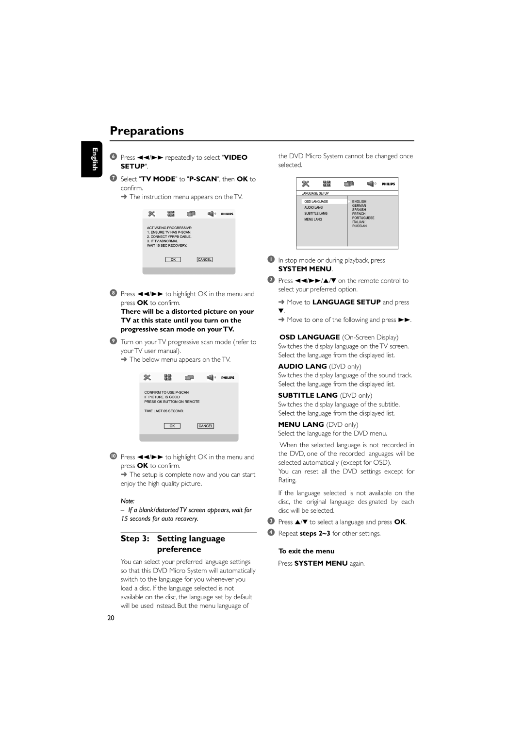 Philips MCD149/05 user manual Setting language preference, Audio Lang DVD only, Subtitle Lang DVD only, Menu Lang DVD only 