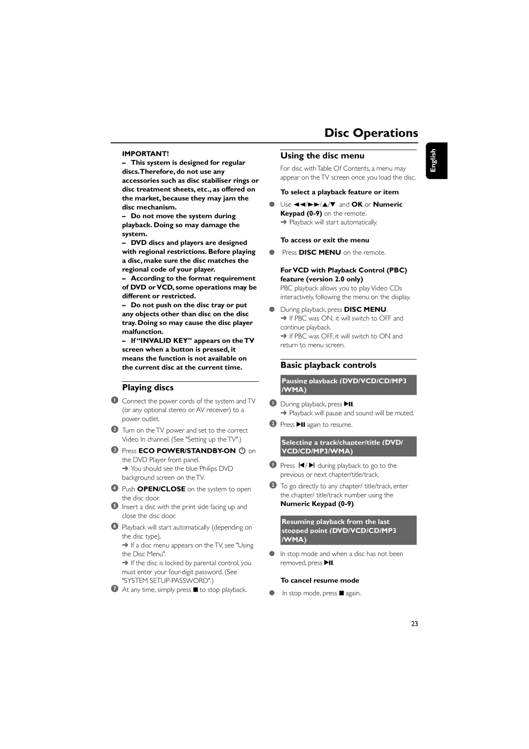 Philips MCD149/05 user manual Disc Operations, Playing discs, Using the disc menu, Basic playback controls 