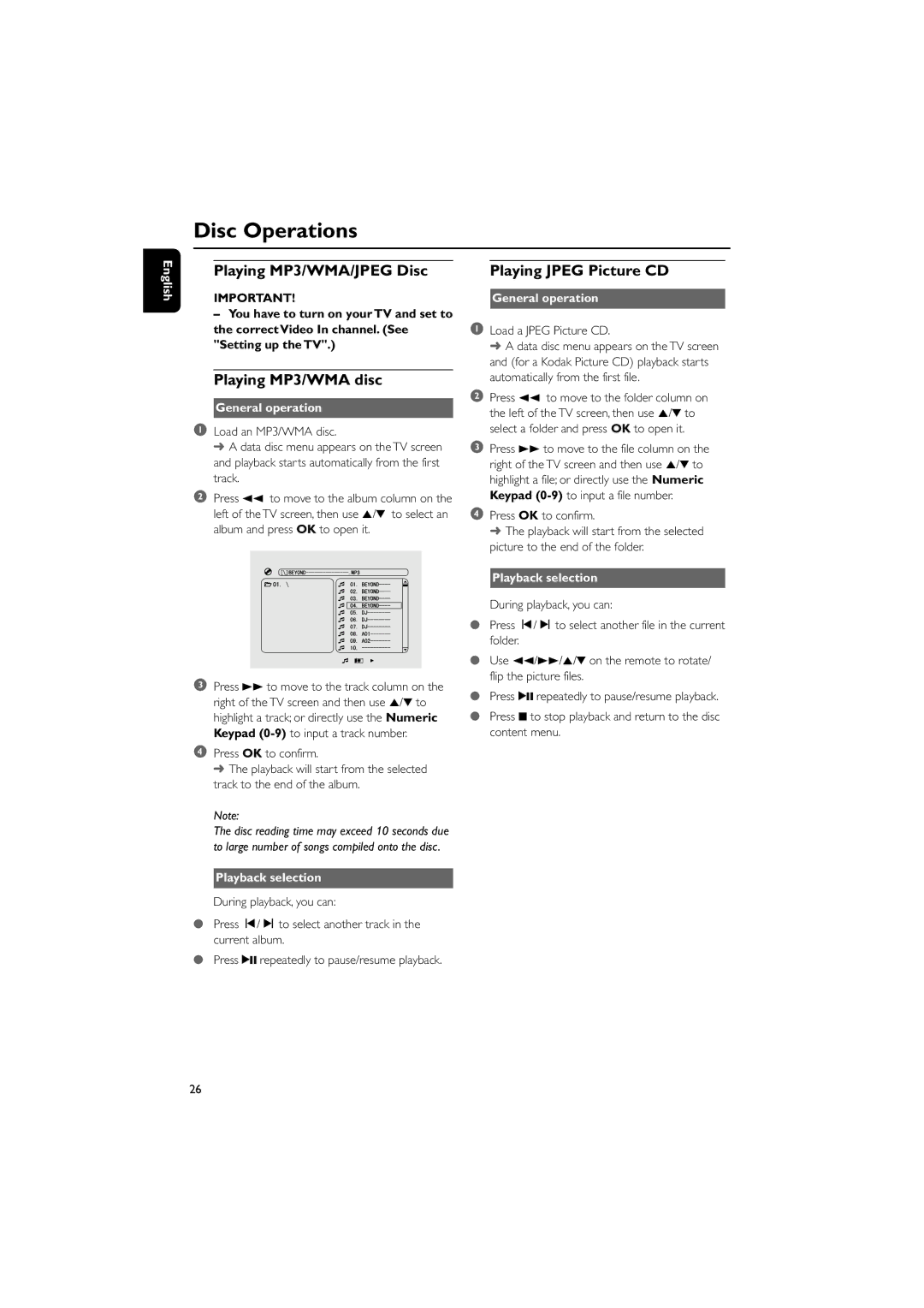 Philips MCD149/05 user manual Playing MP3/WMA/JPEG Disc, Playing MP3/WMA disc, General operation, Playback selection 