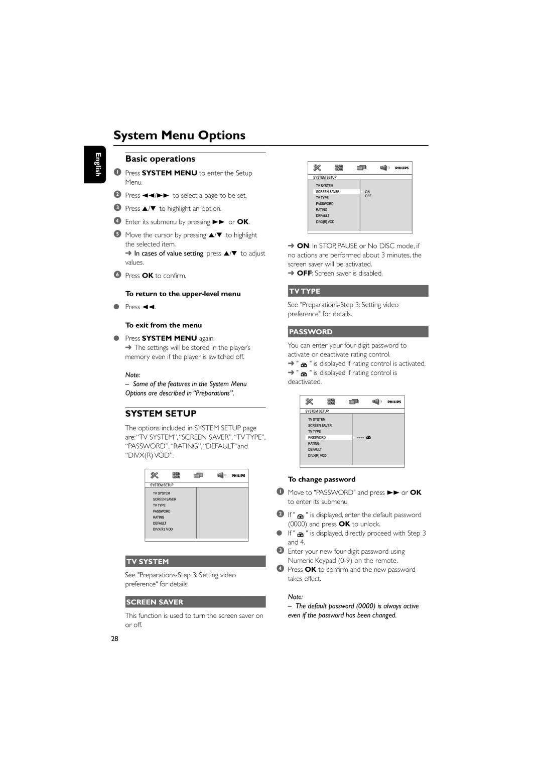 Philips MCD149/05 user manual System Menu Options, Basic operations 