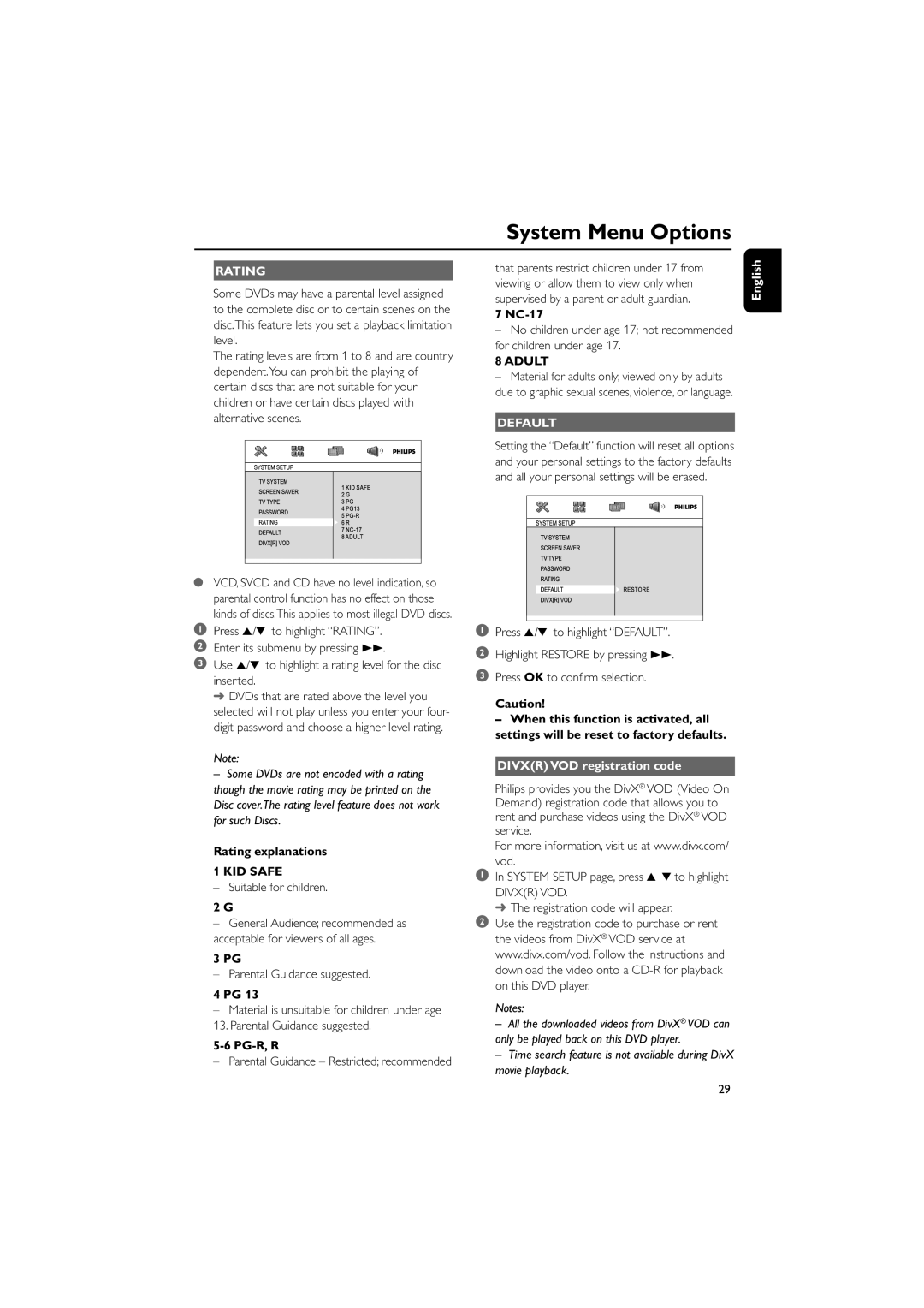 Philips MCD149/05 user manual Rating, KID Safe, Adult, Default, Divxr VOD registration code 