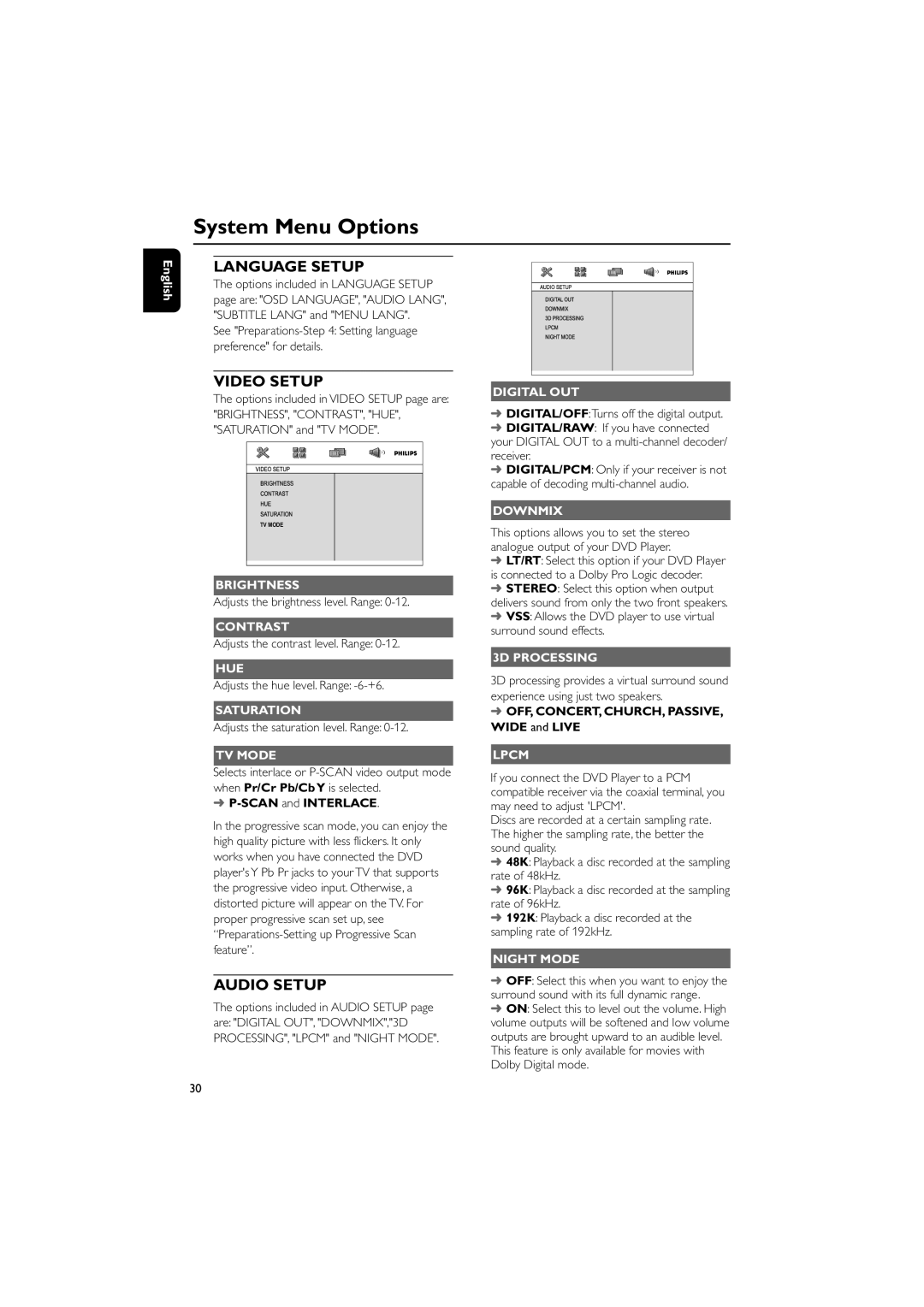 Philips MCD149/05 Brightness, Contrast, Hue, Saturation, TV Mode, Digital OUT, Downmix, 3D Processing, Lpcm, Night Mode 