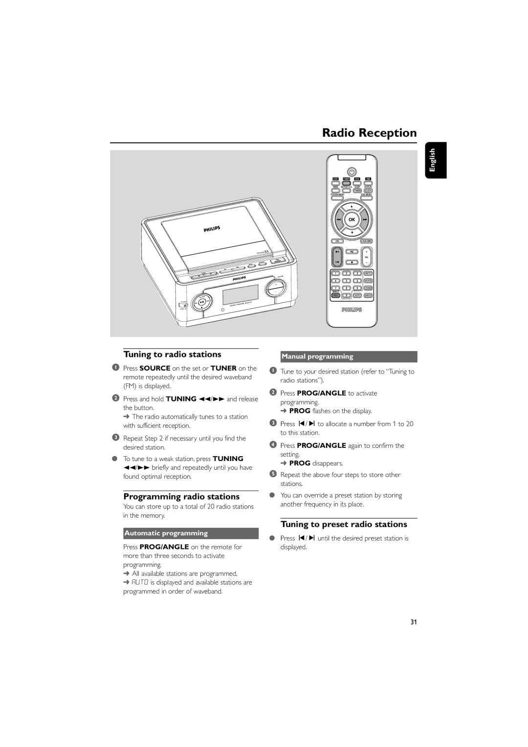 Philips MCD149/05 Radio Reception, Tuning to radio stations, Programming radio stations, Tuning to preset radio stations 