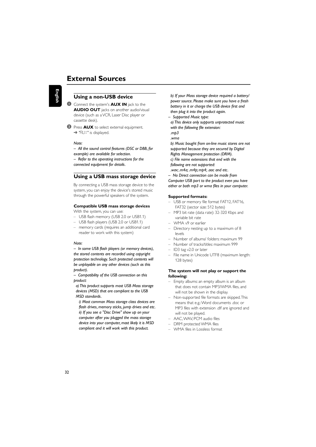 Philips MCD149/05 user manual External Sources, Using a non-USB device, Using a USB mass storage device, Supported formats 