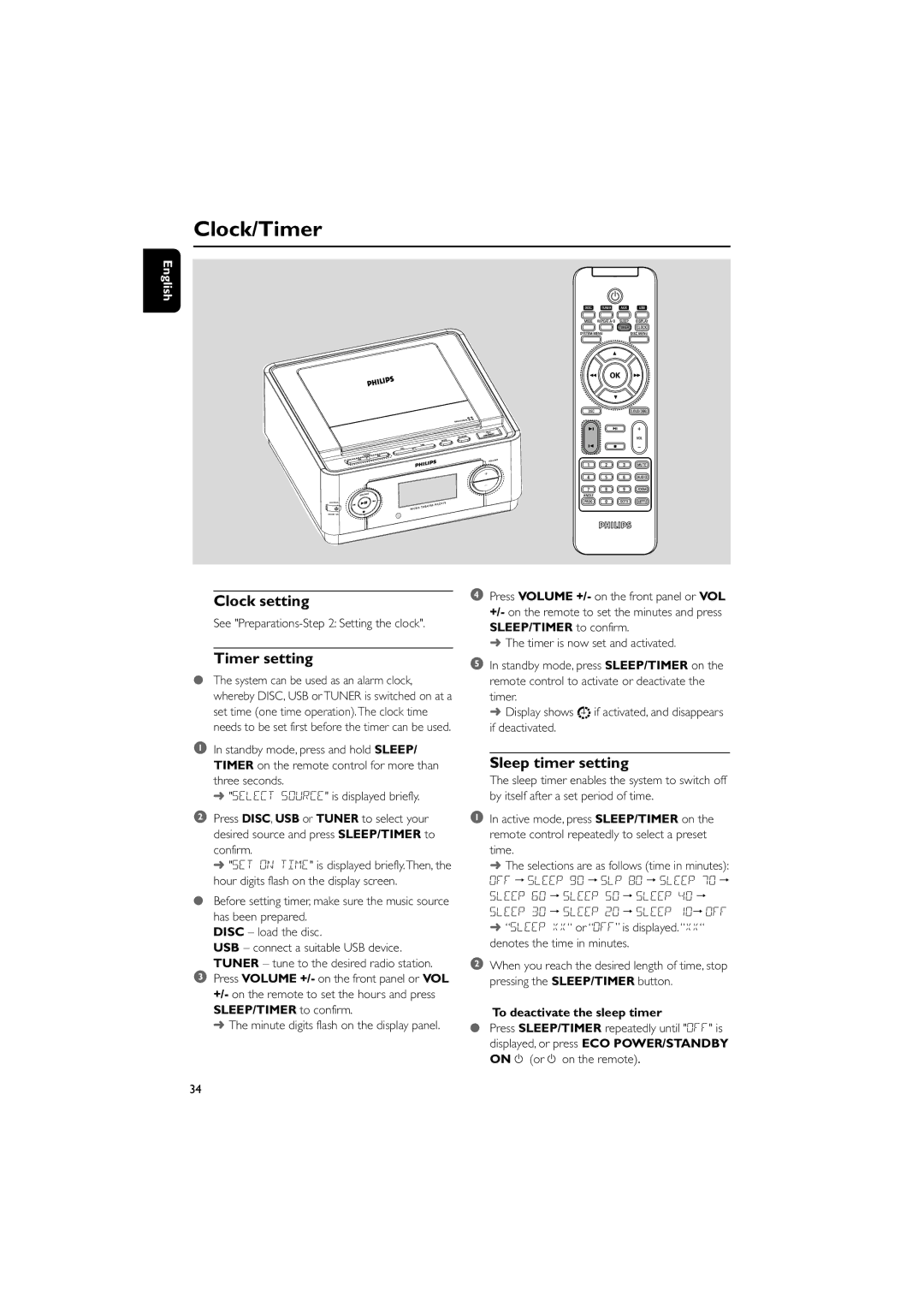 Philips MCD149/05 user manual Clock/Timer, Clock setting, Timer setting, Sleep timer setting, To deactivate the sleep timer 