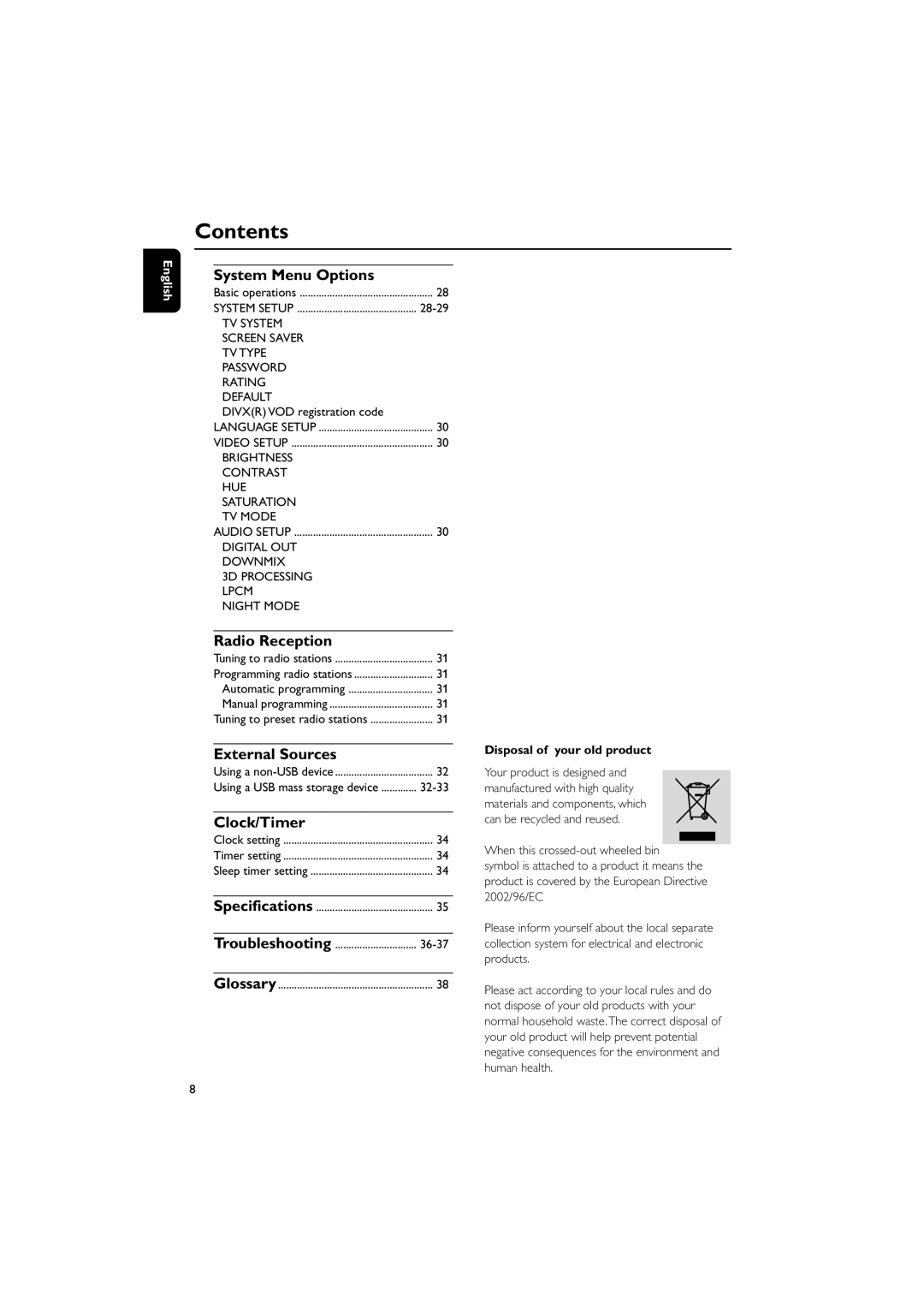 Philips MCD149/05 System Menu Options, Radio Reception, External Sources, Clock/Timer, Disposal of your old product 